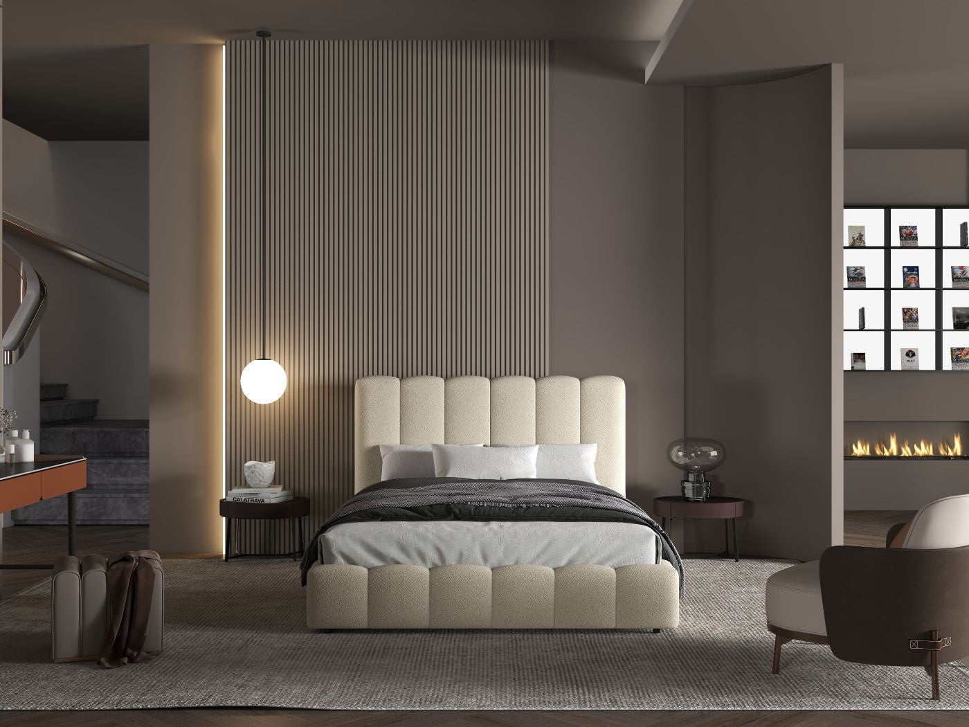 Pat dormitor dumonde, tapitat bej, Milano 180x200 cm, somiera rabatabila inclusa, spatiu depozitare WLS