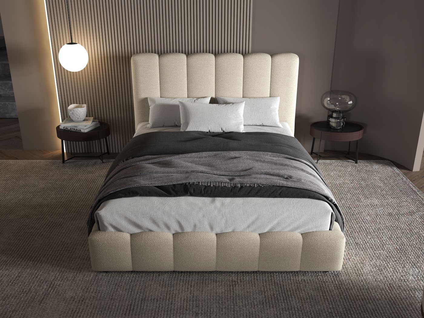 Pat dormitor dumonde, tapitat bej, Milano 180x200 cm, somiera rabatabila inclusa, spatiu depozitare WLS