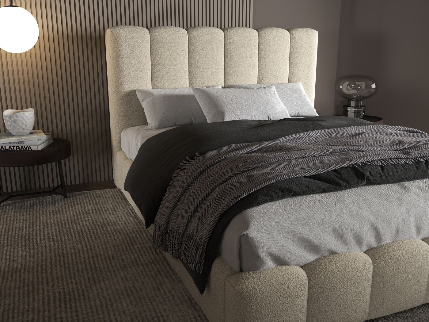 Pat dormitor dumonde, tapitat bej, Milano 180x200 cm, somiera rabatabila inclusa, spatiu depozitare WLS