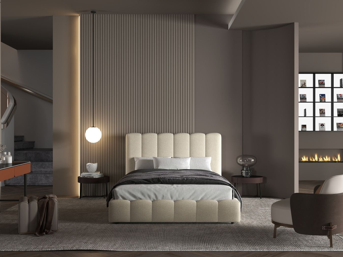 Pat dormitor dumonde, tapitat bej, Milano 180x200 cm, somiera rabatabila inclusa, spatiu depozitare WLS