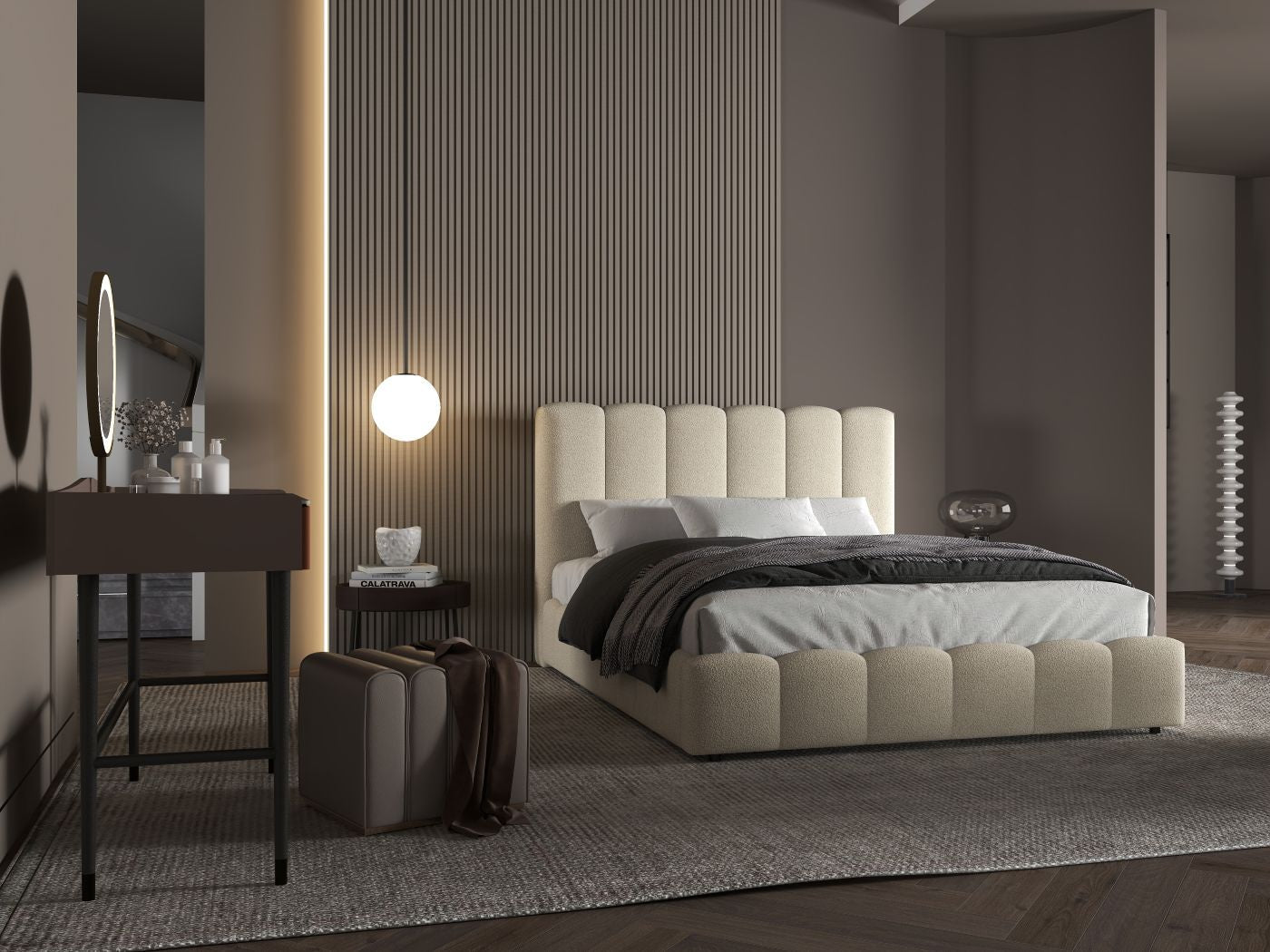 Pat dormitor dumonde, tapitat bej, Milano 180x200 cm, somiera rabatabila inclusa, spatiu depozitare WLS