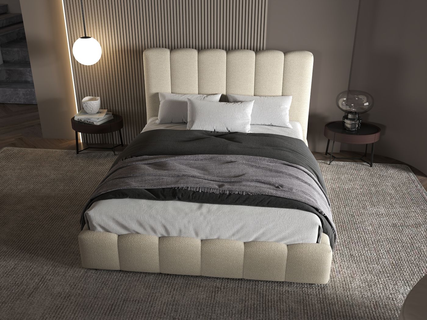 Pat dormitor dumonde, tapitat bej, Milano 180x200 cm, somiera rabatabila inclusa, spatiu depozitare WLS