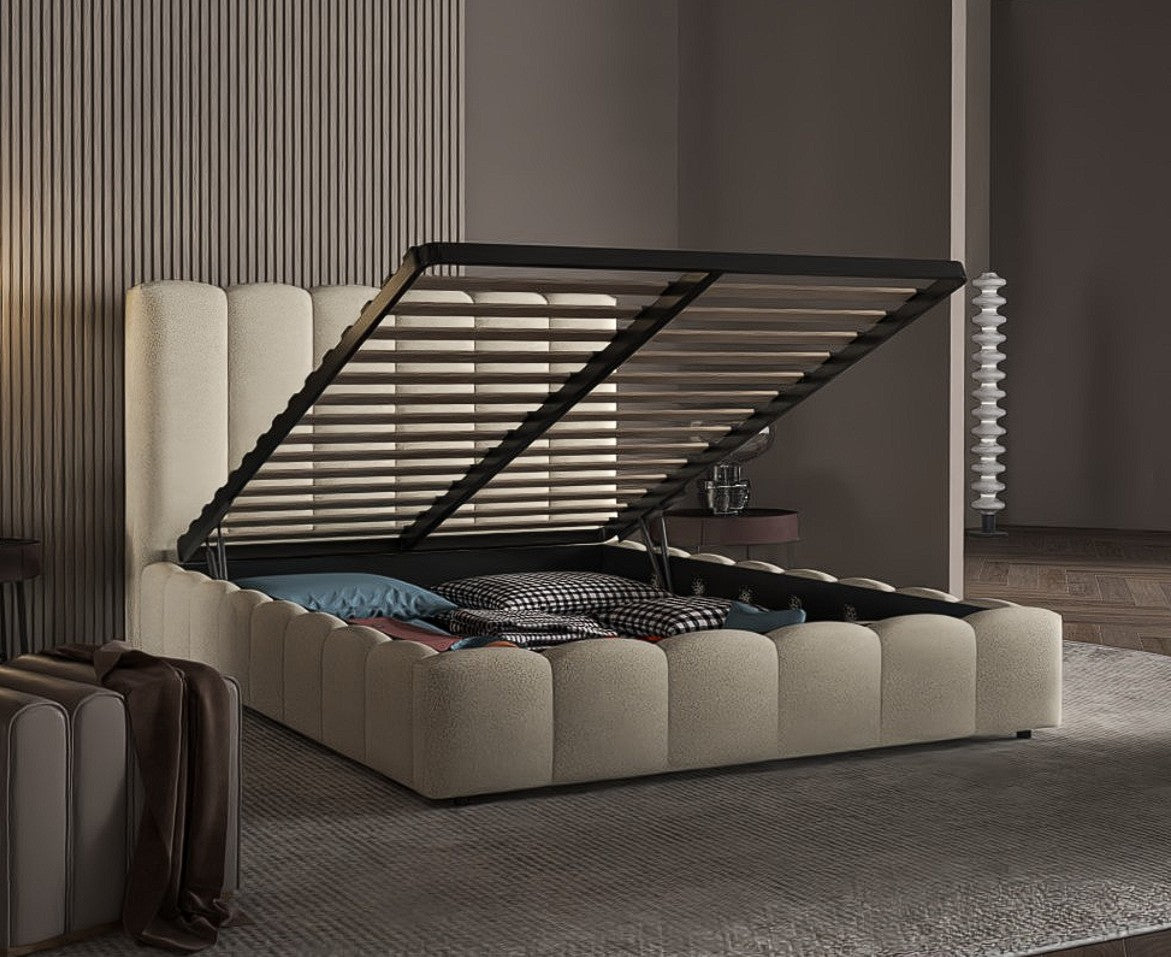 Pat dormitor dumonde, tapitat bej, Milano 180x200 cm, somiera rabatabila inclusa, spatiu depozitare WLS