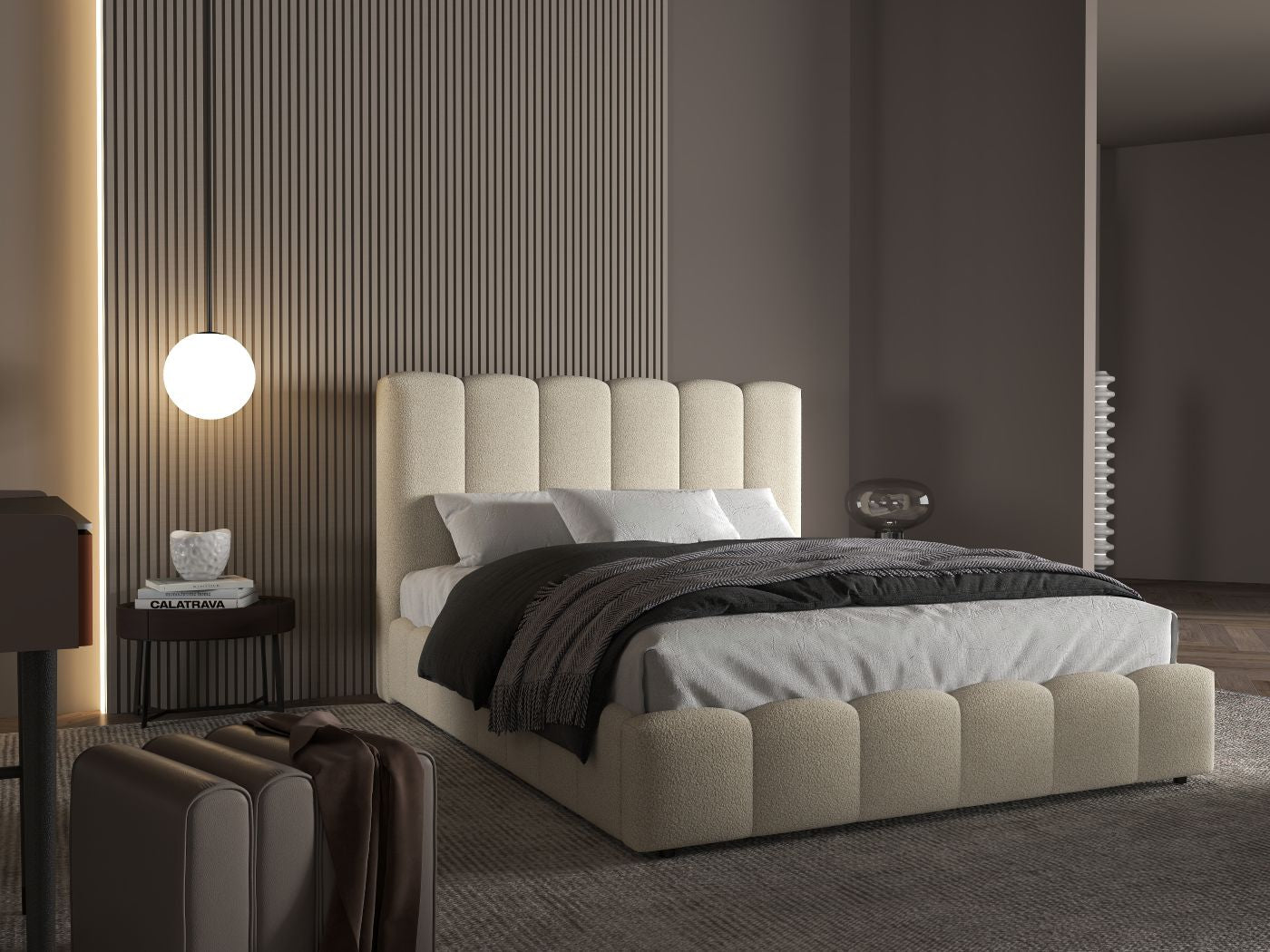 Pat dormitor dumonde, tapitat bej, Milano 180x200 cm, somiera rabatabila inclusa, spatiu depozitare WLS