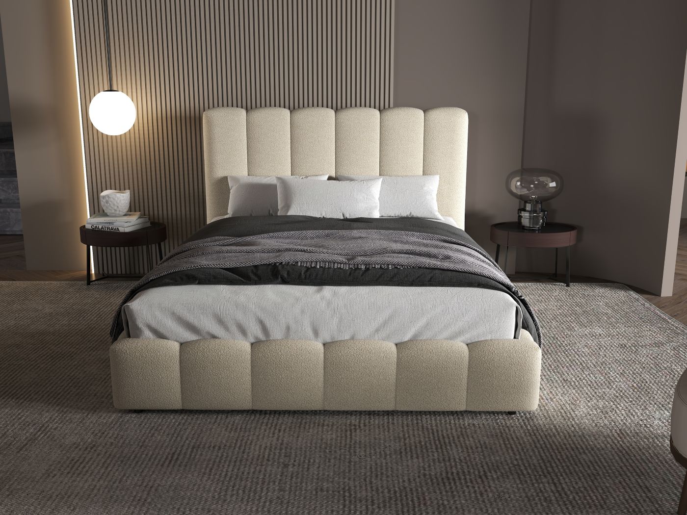 Pat dormitor dumonde, tapitat bej, Milano 180x200 cm, somiera rabatabila inclusa, spatiu depozitare WLS