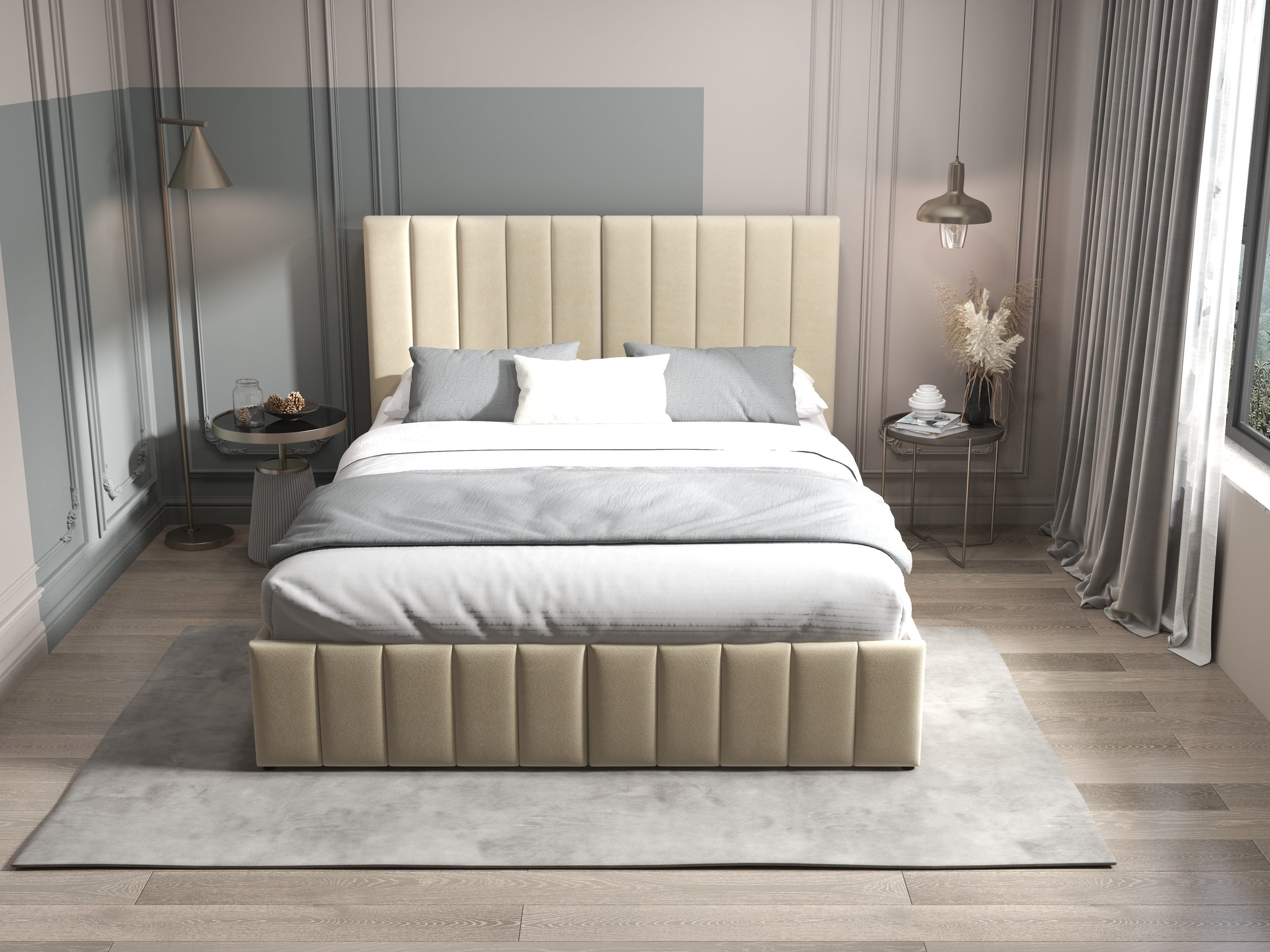 Pat dormitor dumonde, tapitat bej, Santiago 160x200 cm, somiera rabatabila inclusa, spatiu depozitare WLS