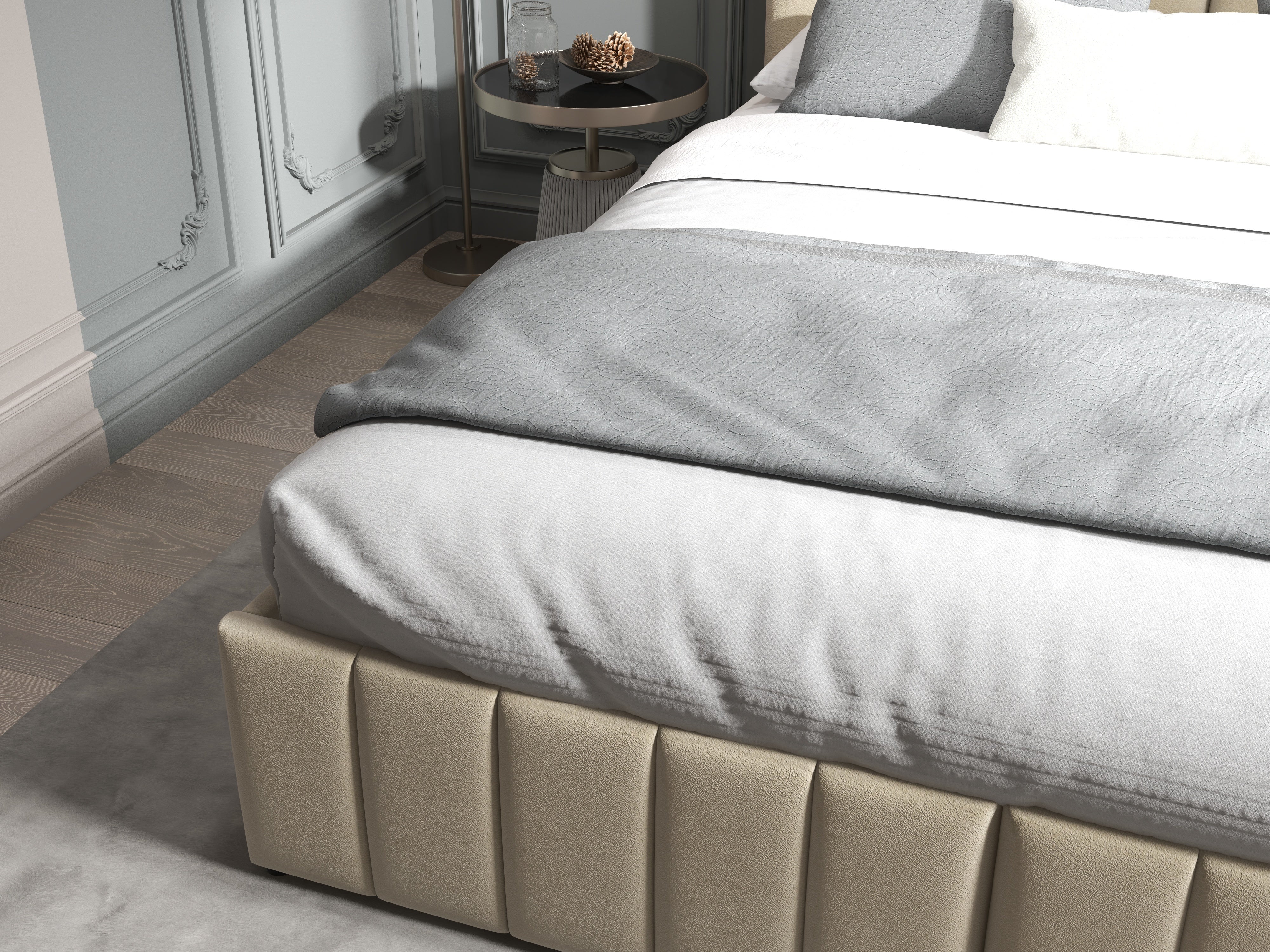 Pat dormitor dumonde, tapitat bej, Santiago 160x200 cm, somiera rabatabila inclusa, spatiu depozitare WLS