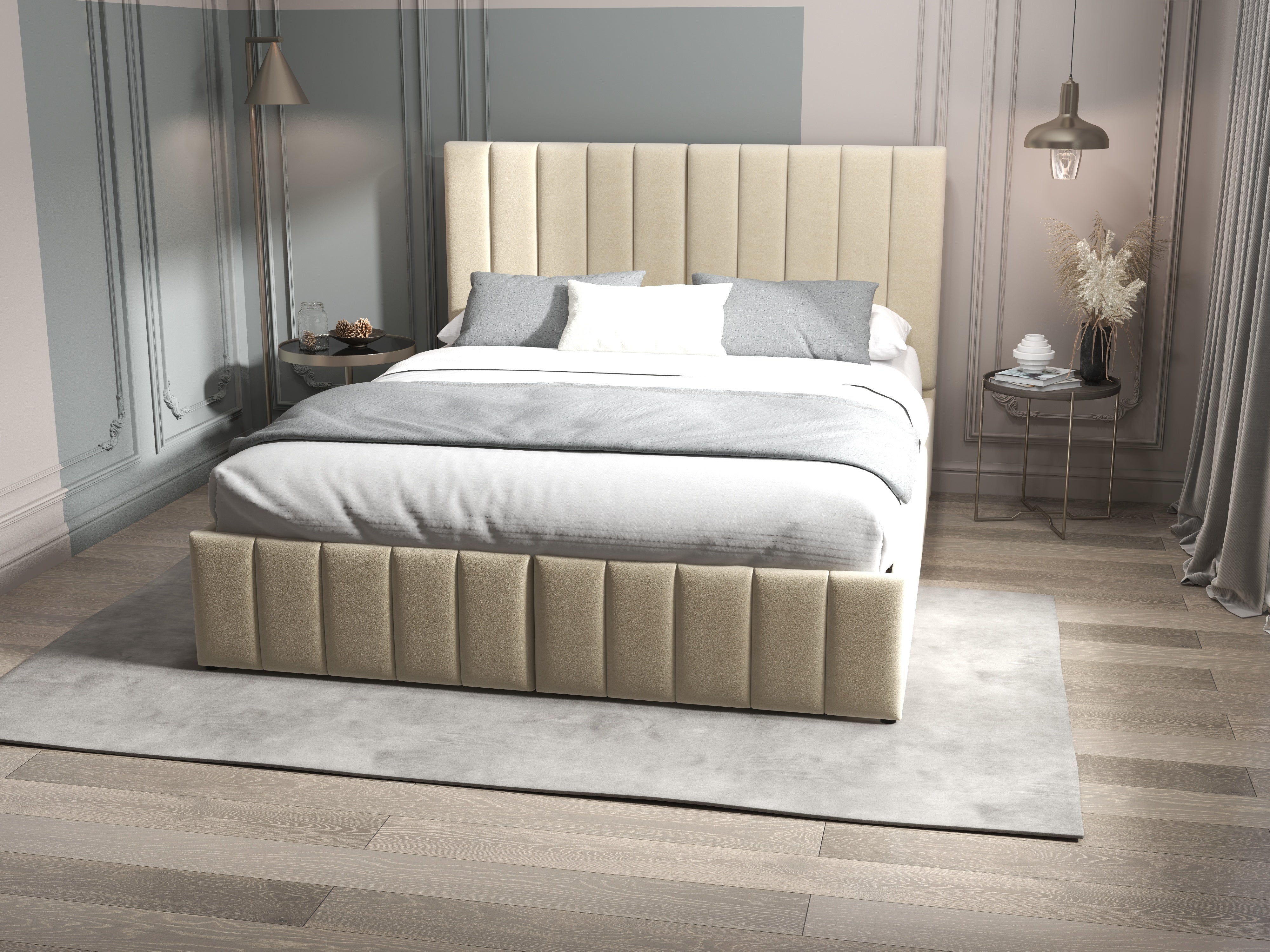 Pat dormitor dumonde, tapitat bej, Santiago 160x200 cm, somiera rabatabila inclusa, spatiu depozitare WLS