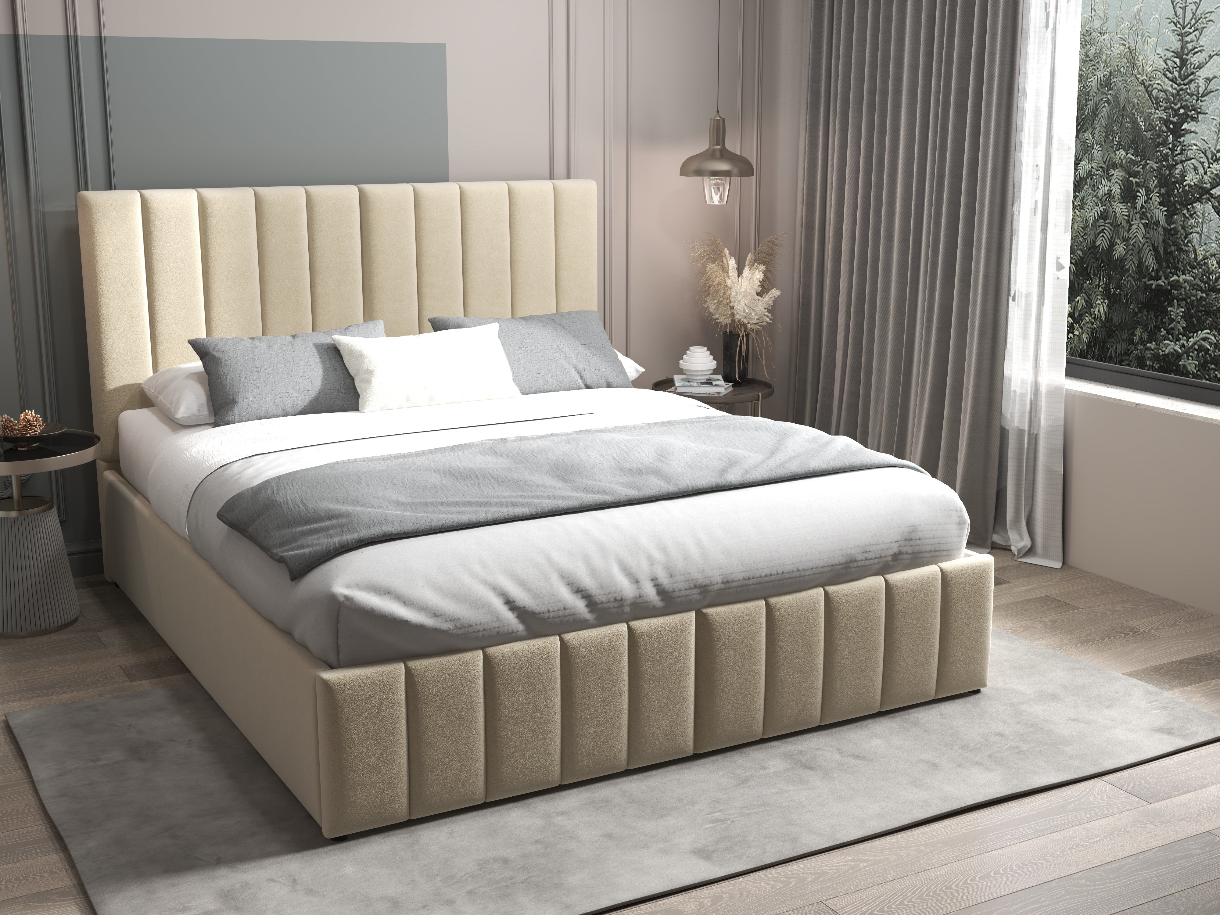 Pat dormitor dumonde, tapitat bej, Santiago 160x200 cm, somiera rabatabila inclusa, spatiu depozitare WLS