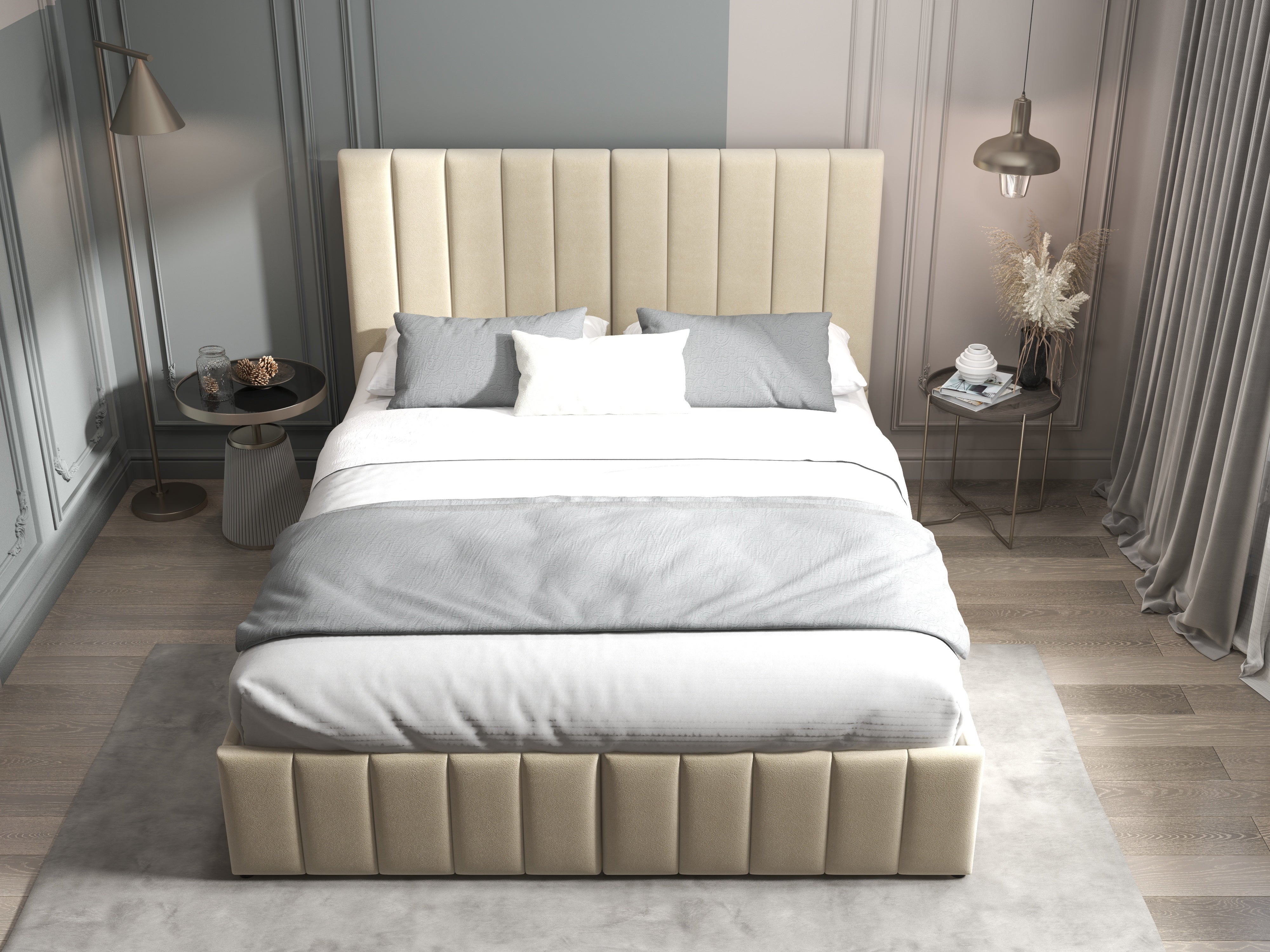 Pat dormitor dumonde, tapitat bej, Santiago 160x200 cm, somiera rabatabila inclusa, spatiu depozitare WLS