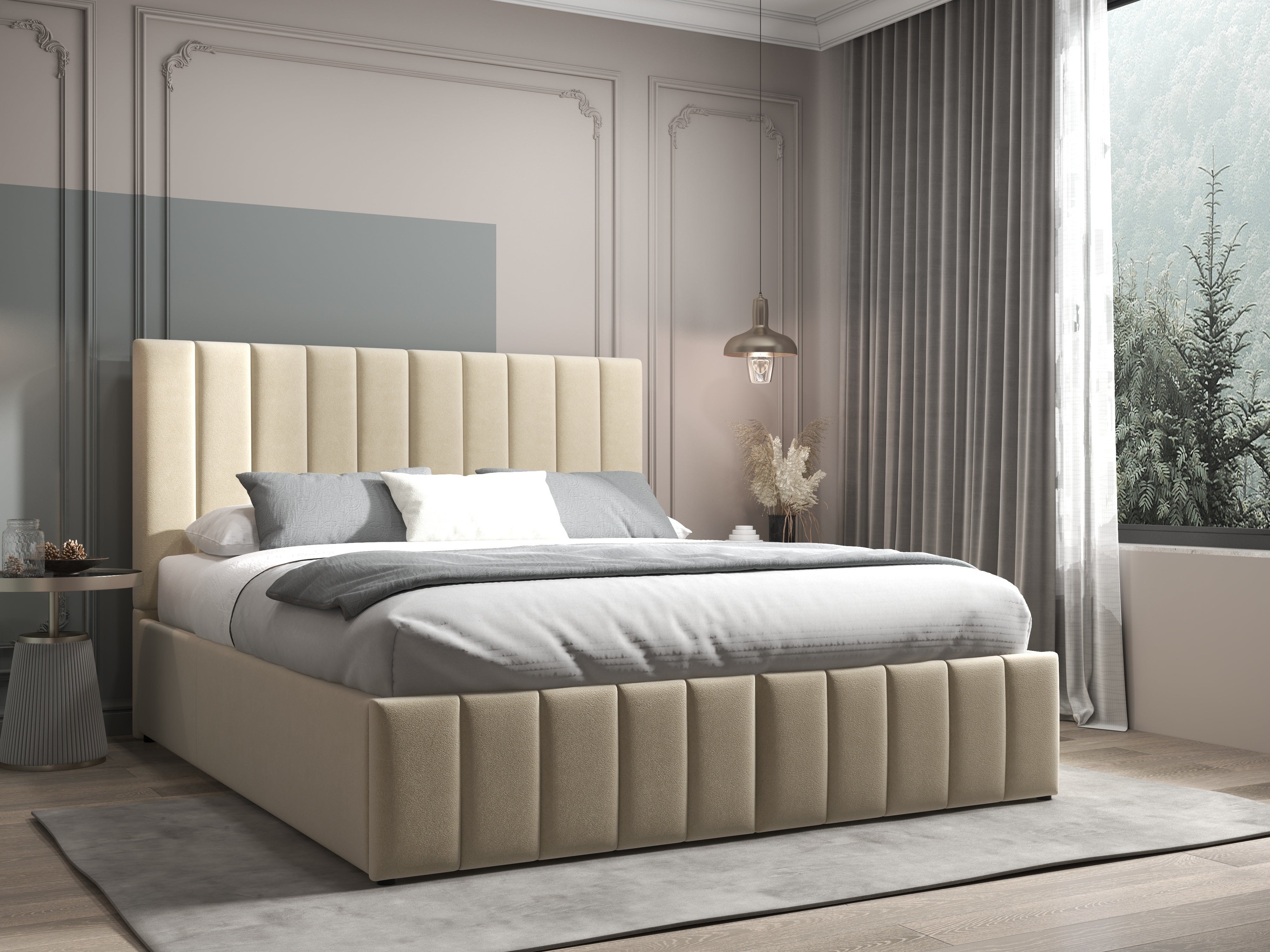 Pat dormitor dumonde, tapitat bej, Santiago 160x200 cm, somiera rabatabila inclusa, spatiu depozitare WLS