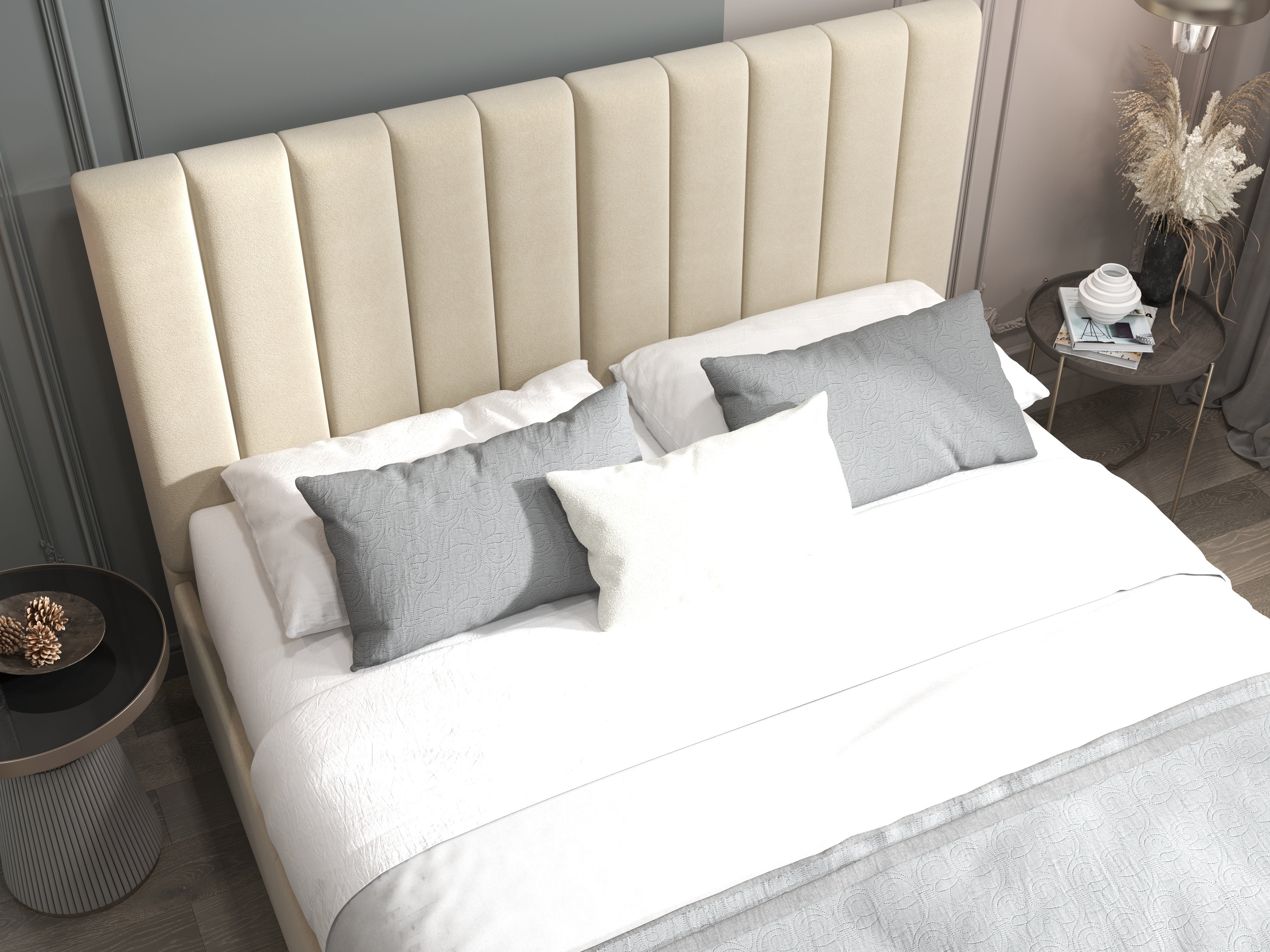 Pat dormitor dumonde, tapitat bej, Santiago 160x200 cm, somiera rabatabila inclusa, spatiu depozitare WLS