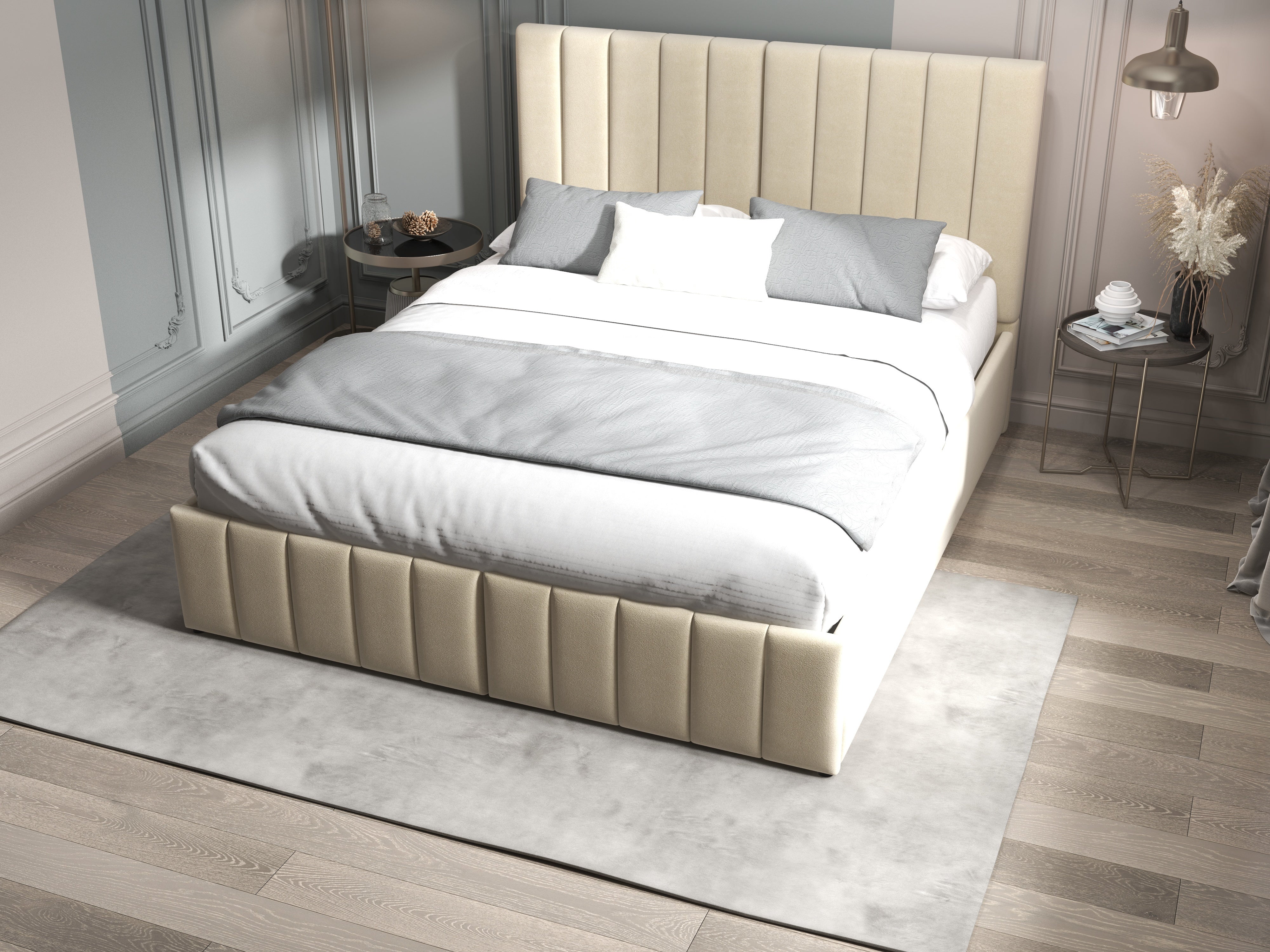Pat dormitor dumonde, tapitat bej, Santiago 160x200 cm, somiera rabatabila inclusa, spatiu depozitare WLS