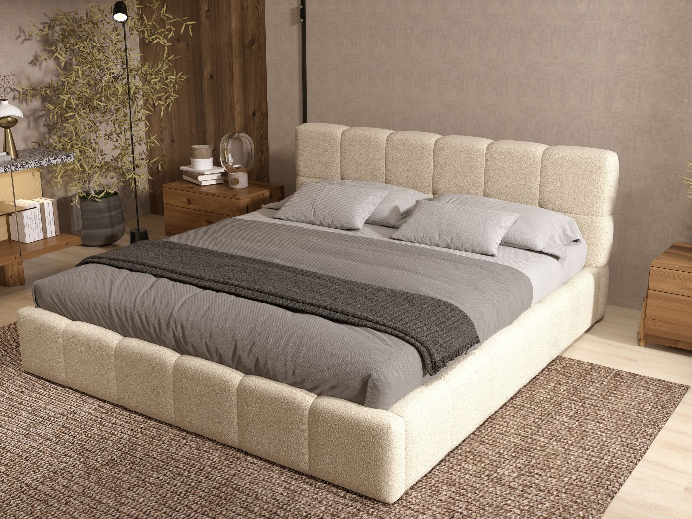 Pat dormitor dumonde, tapitat bej, Barcelona 180x200 cm, somiera rabatabila inclusa, spatiu depozitare WLS