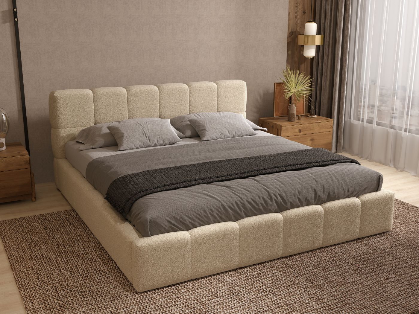 Pat dormitor dumonde, tapitat bej, Barcelona 180x200 cm, somiera rabatabila inclusa, spatiu depozitare WLS