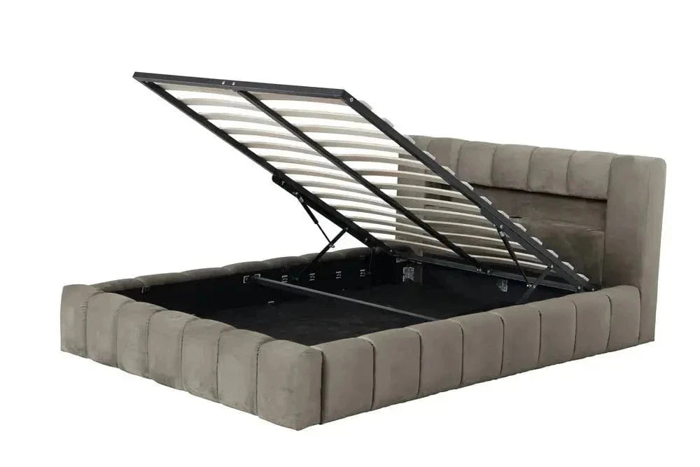 Pat dormitor dumonde, tapitat gri cu LED si USB, Palermo 160x200 cm, somiera rabatabila inclusa, spatiu depozitare WLS