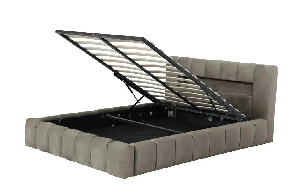 Pat dormitor dumonde, tapitat gri cu LED si USB, Palermo 160x200 cm, somiera rabatabila inclusa, spatiu depozitare WLS