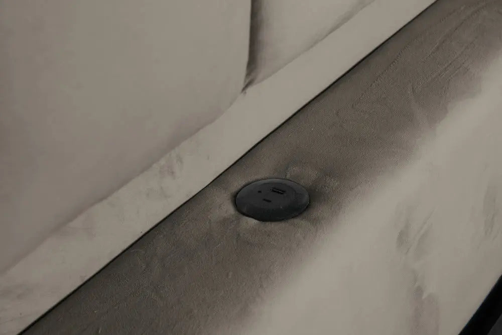 Pat dormitor dumonde, tapitat gri cu LED si USB, Palermo 140x200 cm, somiera rabatabila inclusa, spatiu depozitare WLS