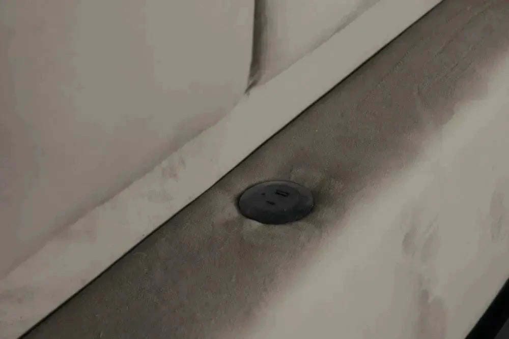 Pat dormitor dumonde, tapitat gri cu LED si USB, Palermo 180x200 cm, somiera rabatabila inclusa, spatiu depozitare WLS