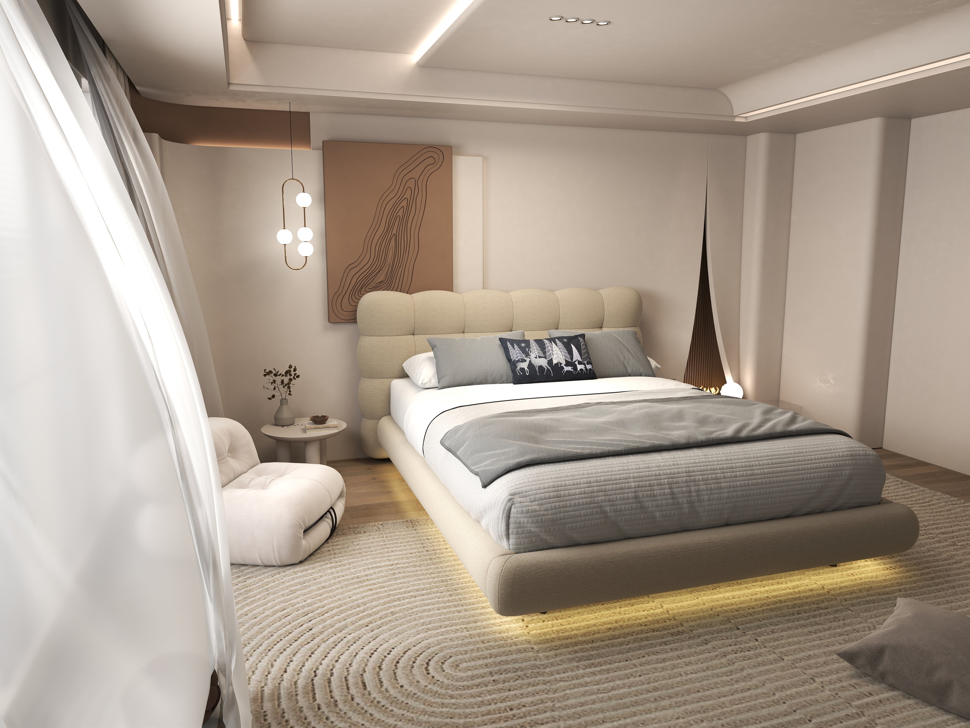 Pat dormitor dumonde, tapitat bej cu LED, "floating bed" Cloud 160x200 cm, somiera inclusa WLS