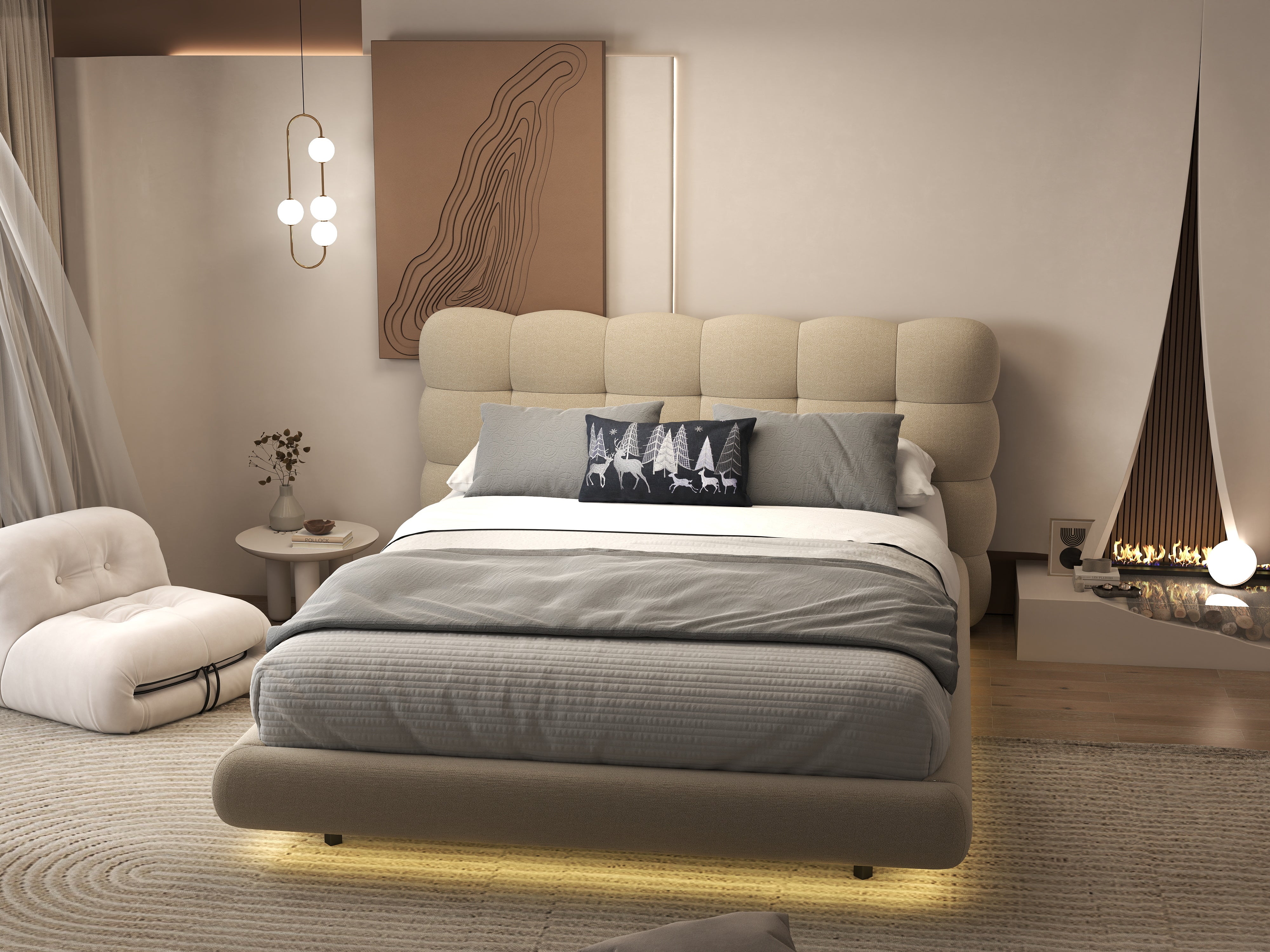 Pat dormitor dumonde, tapitat bej cu LED, "floating bed" Cloud 160x200 cm, somiera inclusa WLS