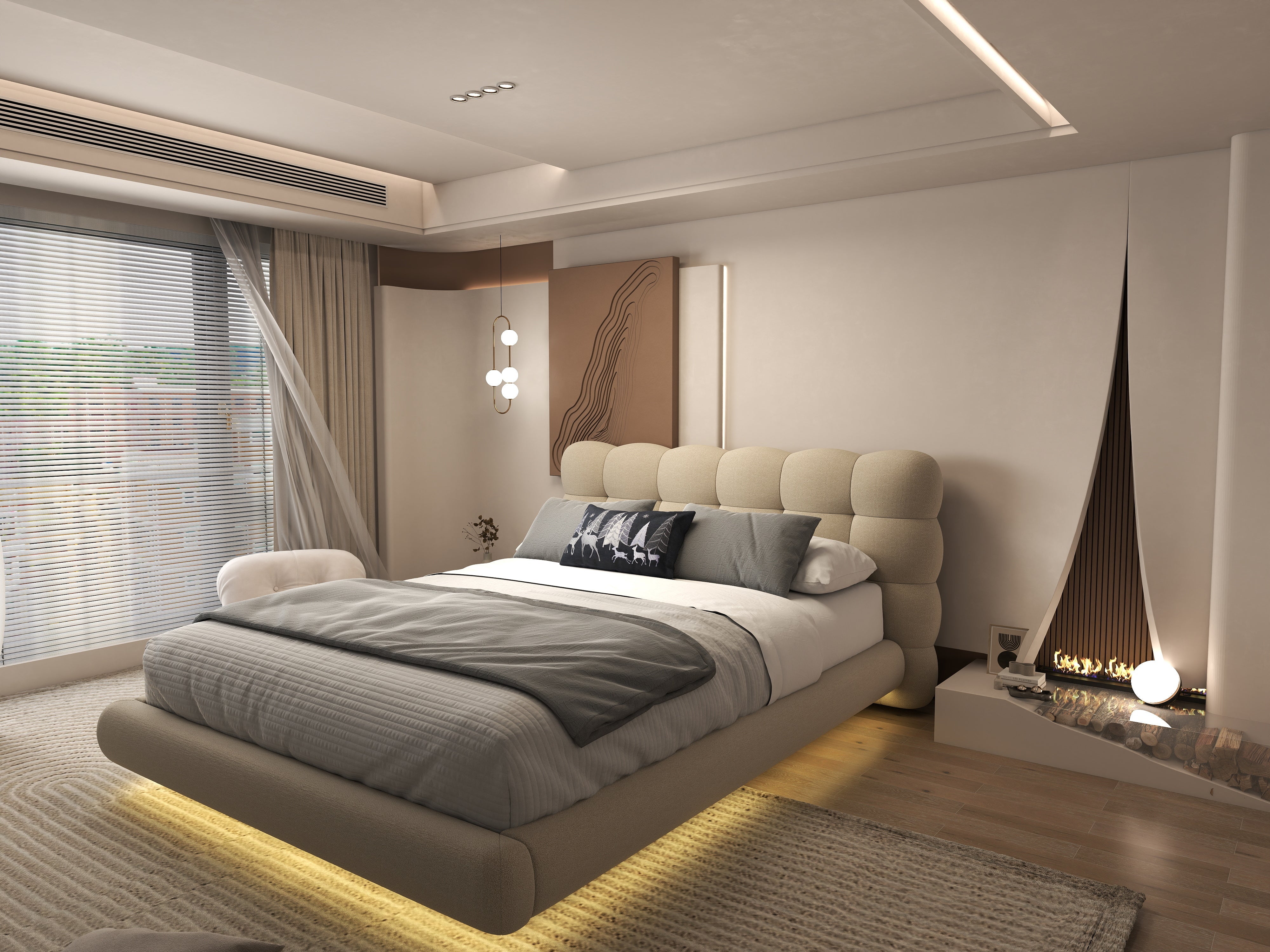 Pat dormitor dumonde, tapitat bej cu LED, "floating bed" Cloud 160x200 cm, somiera inclusa WLS