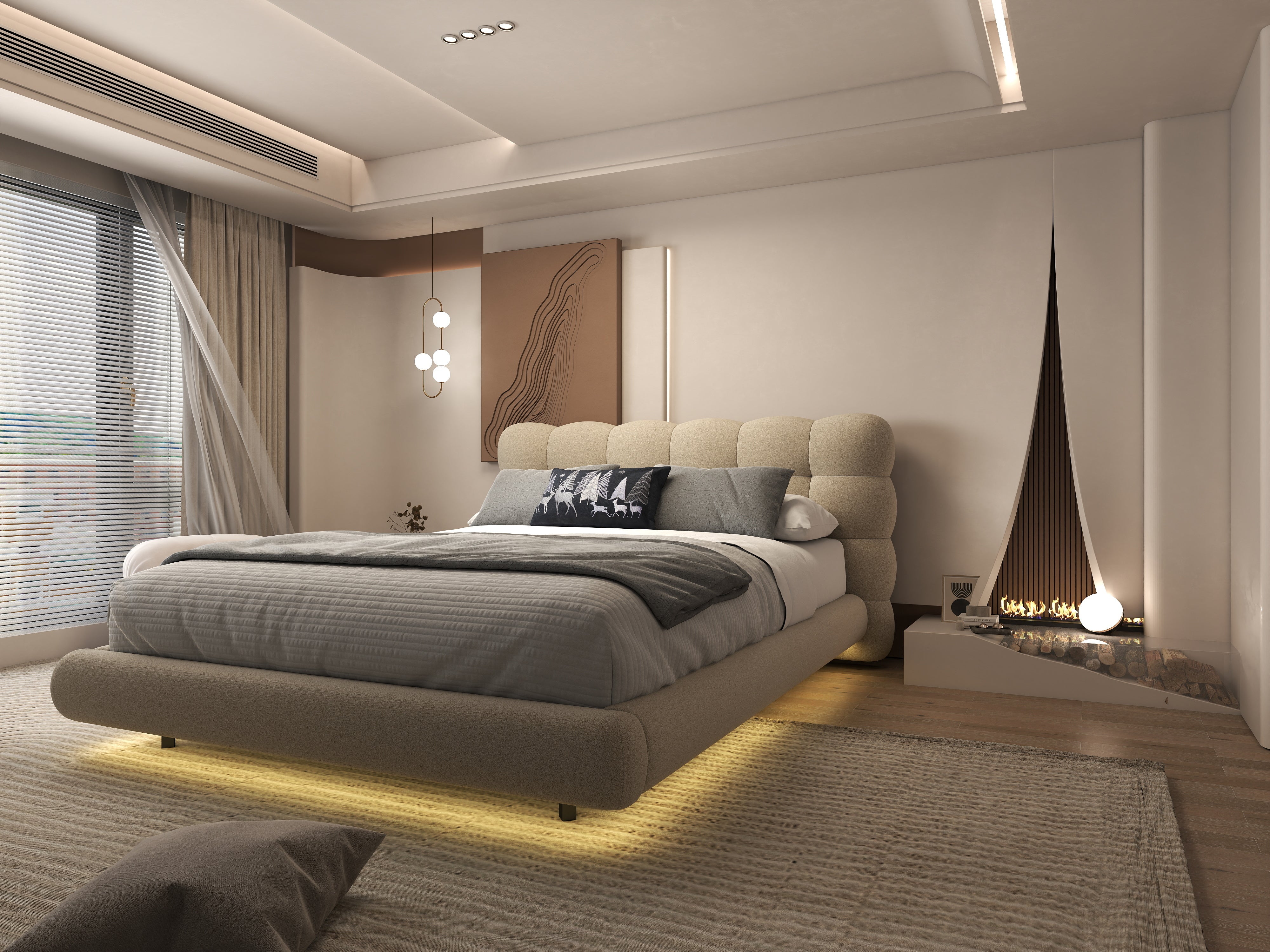 Pat dormitor dumonde, tapitat bej cu LED, "floating bed" Cloud 160x200 cm, somiera inclusa WLS