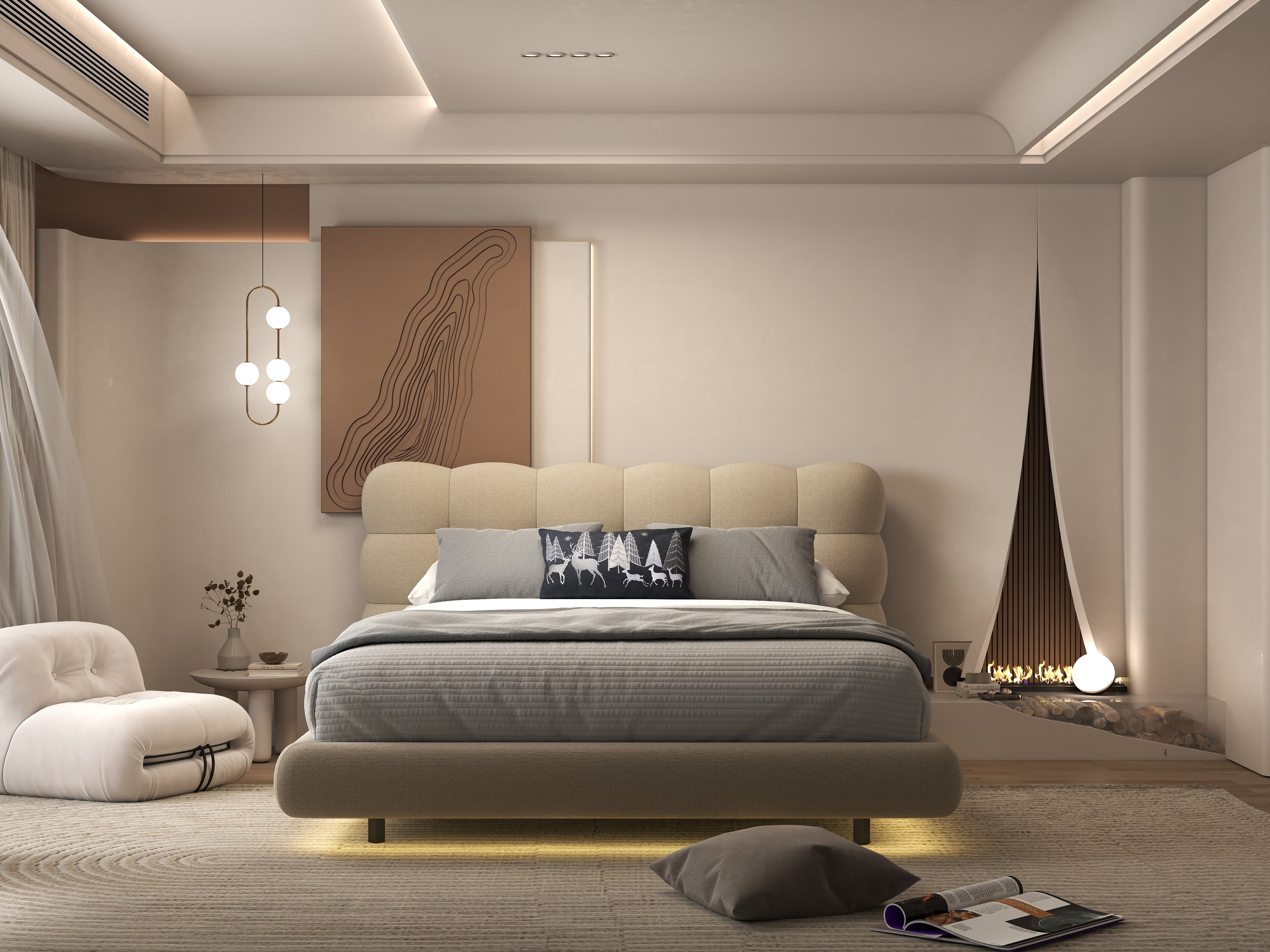 Pat dormitor dumonde, tapitat bej cu LED, "floating bed" Cloud 160x200 cm, somiera inclusa WLS