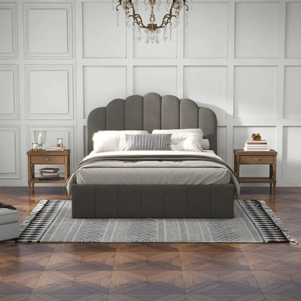 Pat dormitor dumonde, tapitat bej, Amira 180x200 cm, somiera rabatabila inclusa, spatiu depozitare