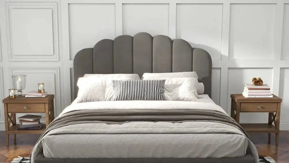 Pat dormitor dumonde, tapitat bej, Amira 180x200 cm, somiera rabatabila inclusa, spatiu depozitare