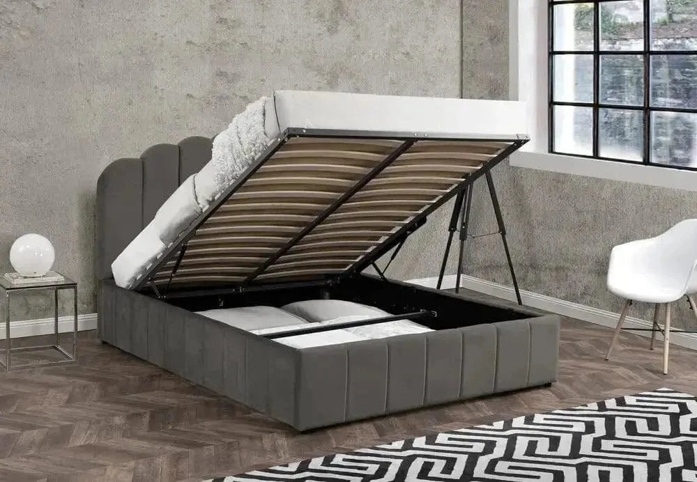 Pat dormitor dumonde, tapitat roz pudrat, Amira 160x200 cm, somiera rabatabila inclusa, spatiu depozitare WLS