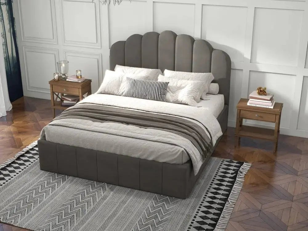 Pat dormitor dumonde, tapitat bej, Amira 180x200 cm, somiera rabatabila inclusa, spatiu depozitare