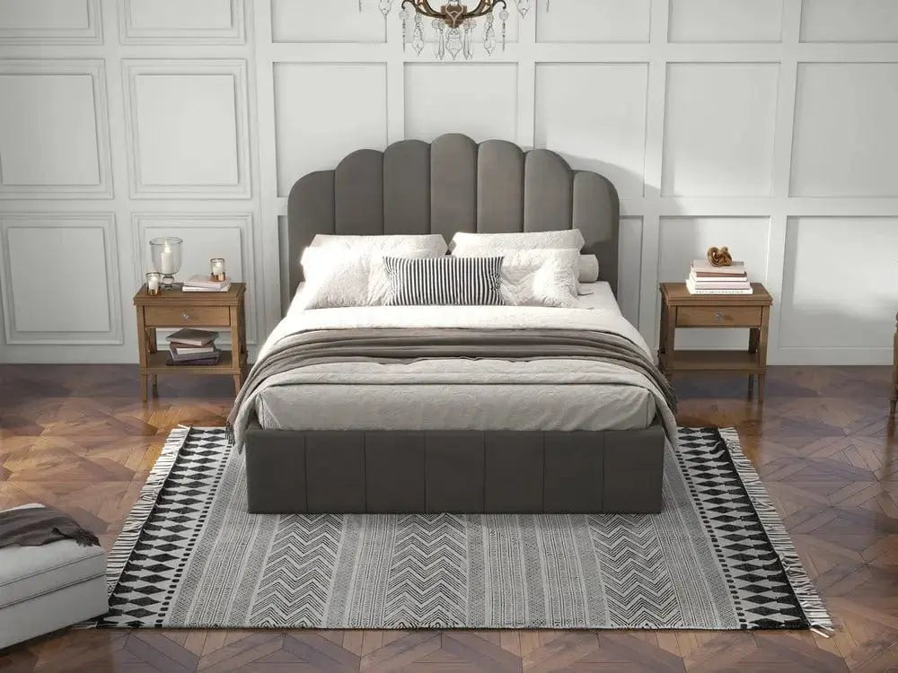 Pat dormitor dumonde, tapitat bej, Amira 180x200 cm, somiera rabatabila inclusa, spatiu depozitare