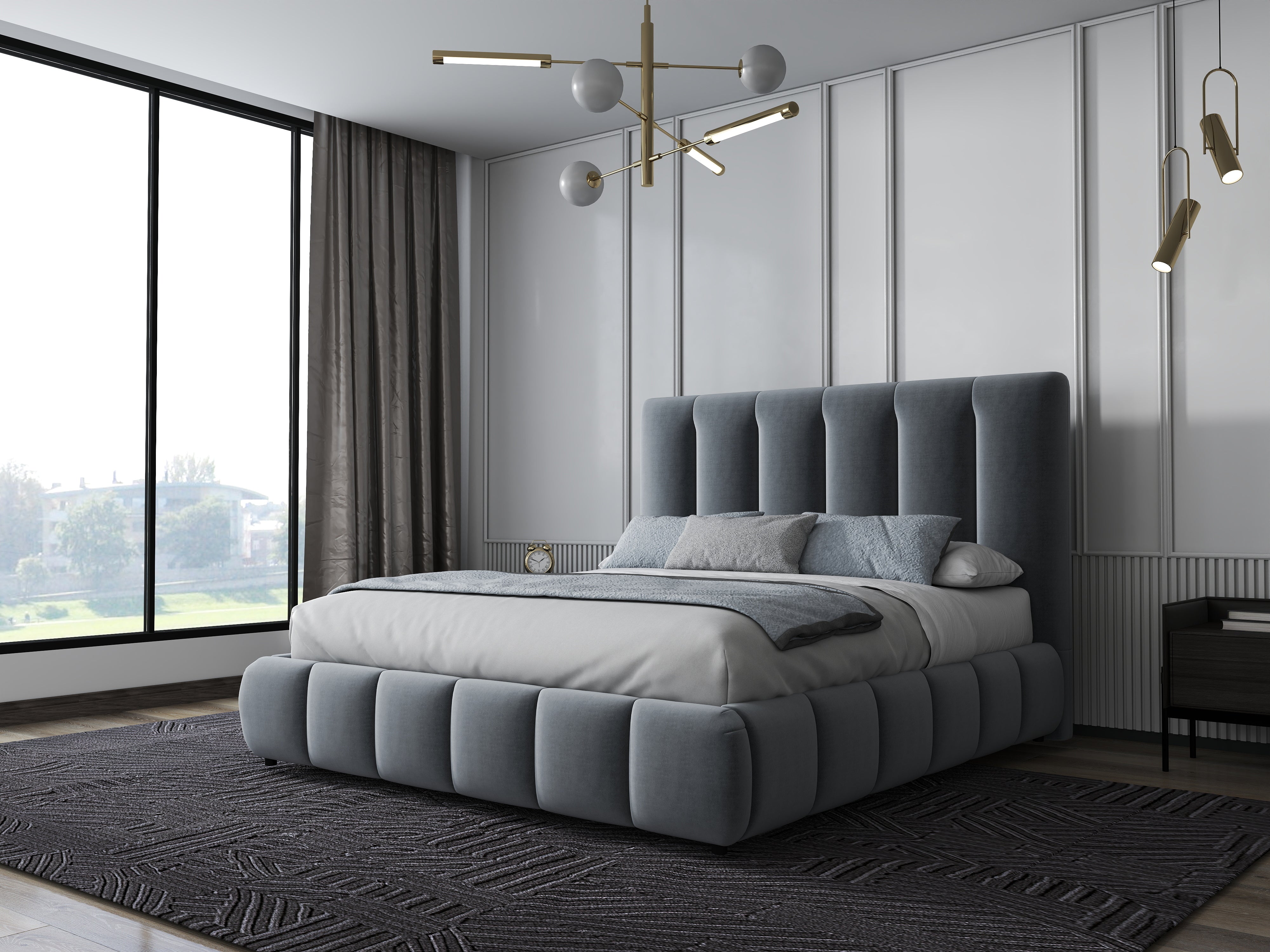 Pat dormitor dumonde, tapitat gri, Divaneo 180x200 cm, somiera rabatabila inclusa, spatiu depozitare WLS