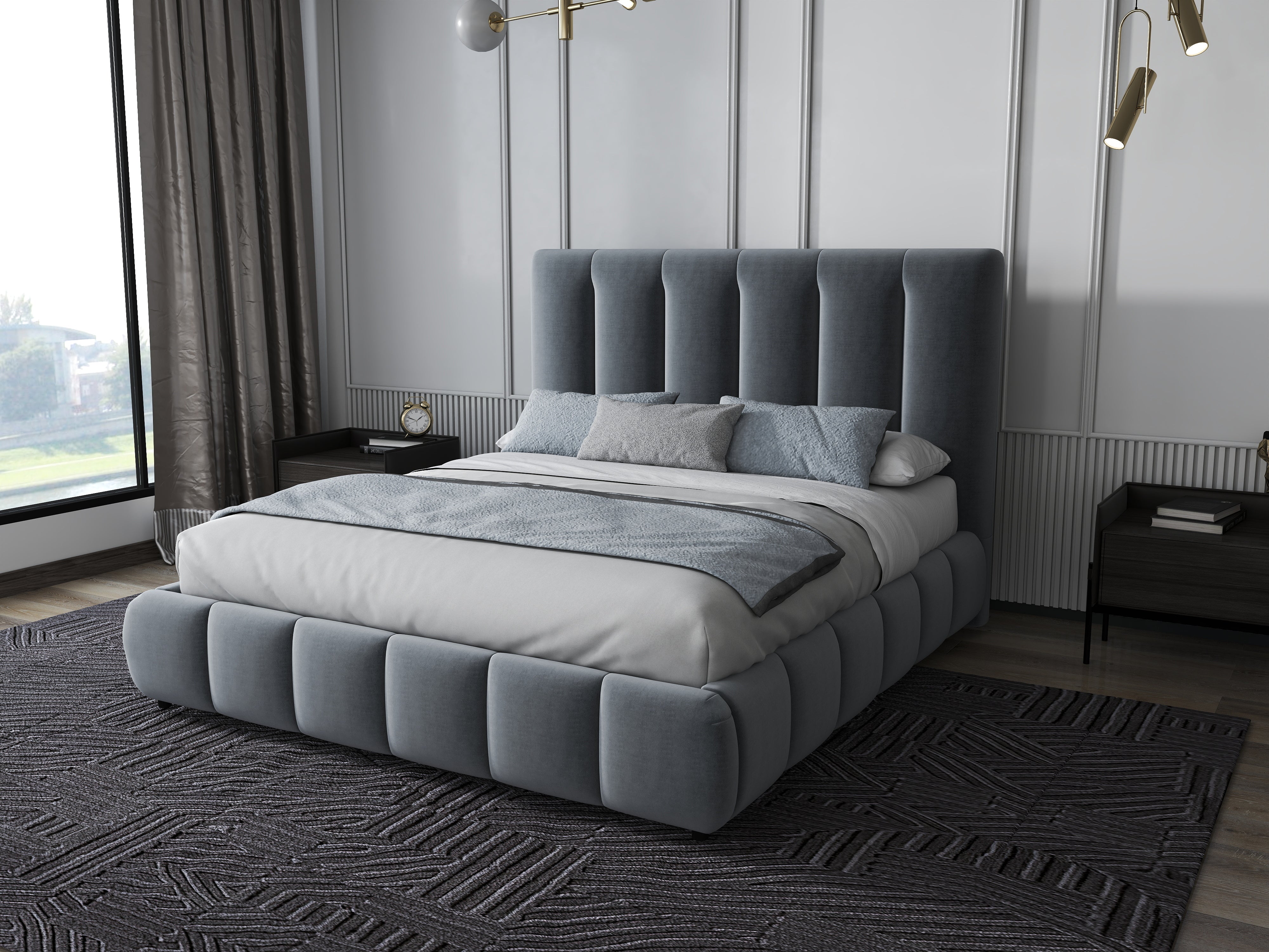 Pat dormitor dumonde, tapitat gri, Divaneo 180x200 cm, somiera rabatabila inclusa, spatiu depozitare WLS