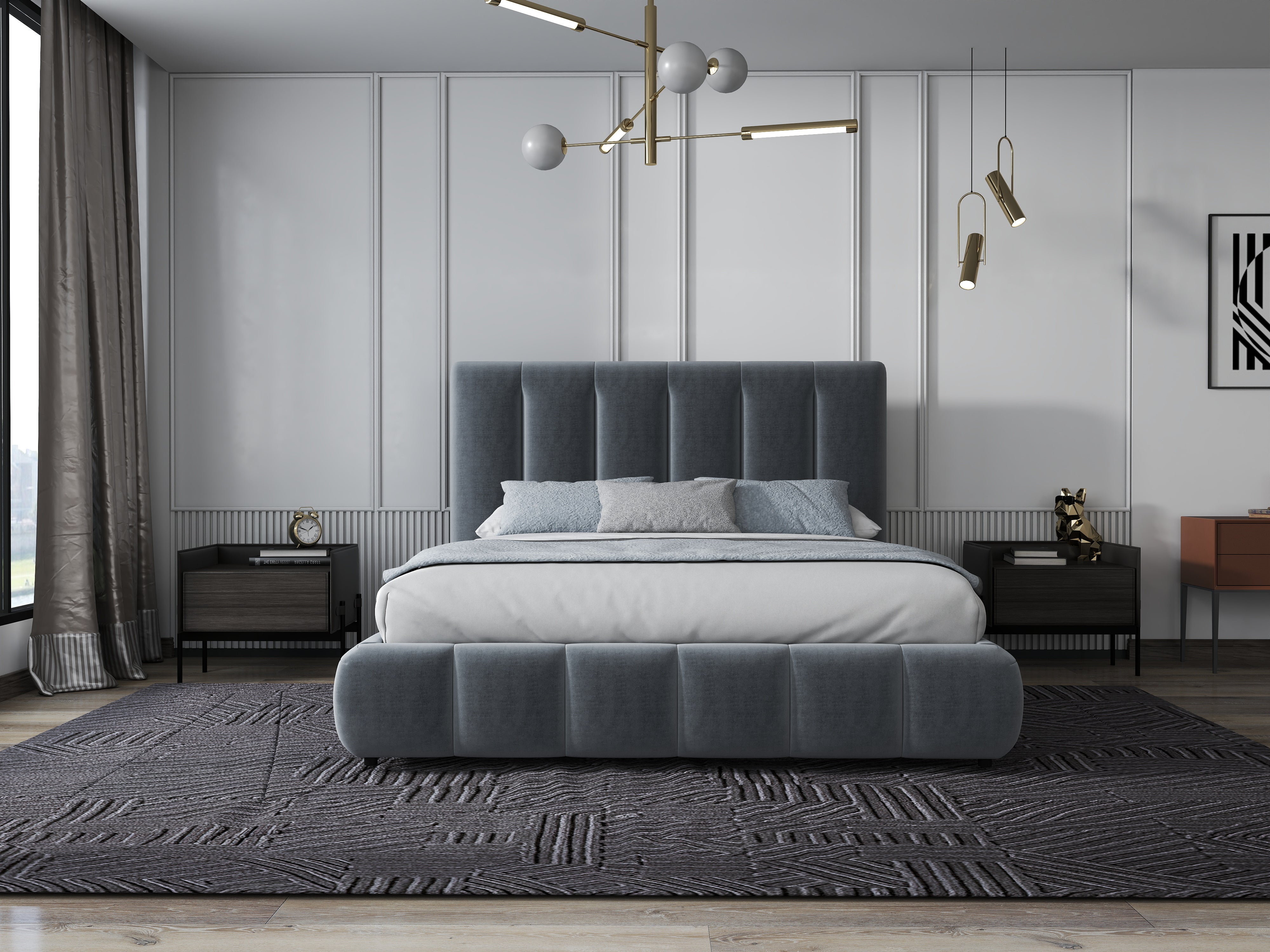 Pat dormitor dumonde, tapitat gri, Divaneo 180x200 cm, somiera rabatabila inclusa, spatiu depozitare WLS