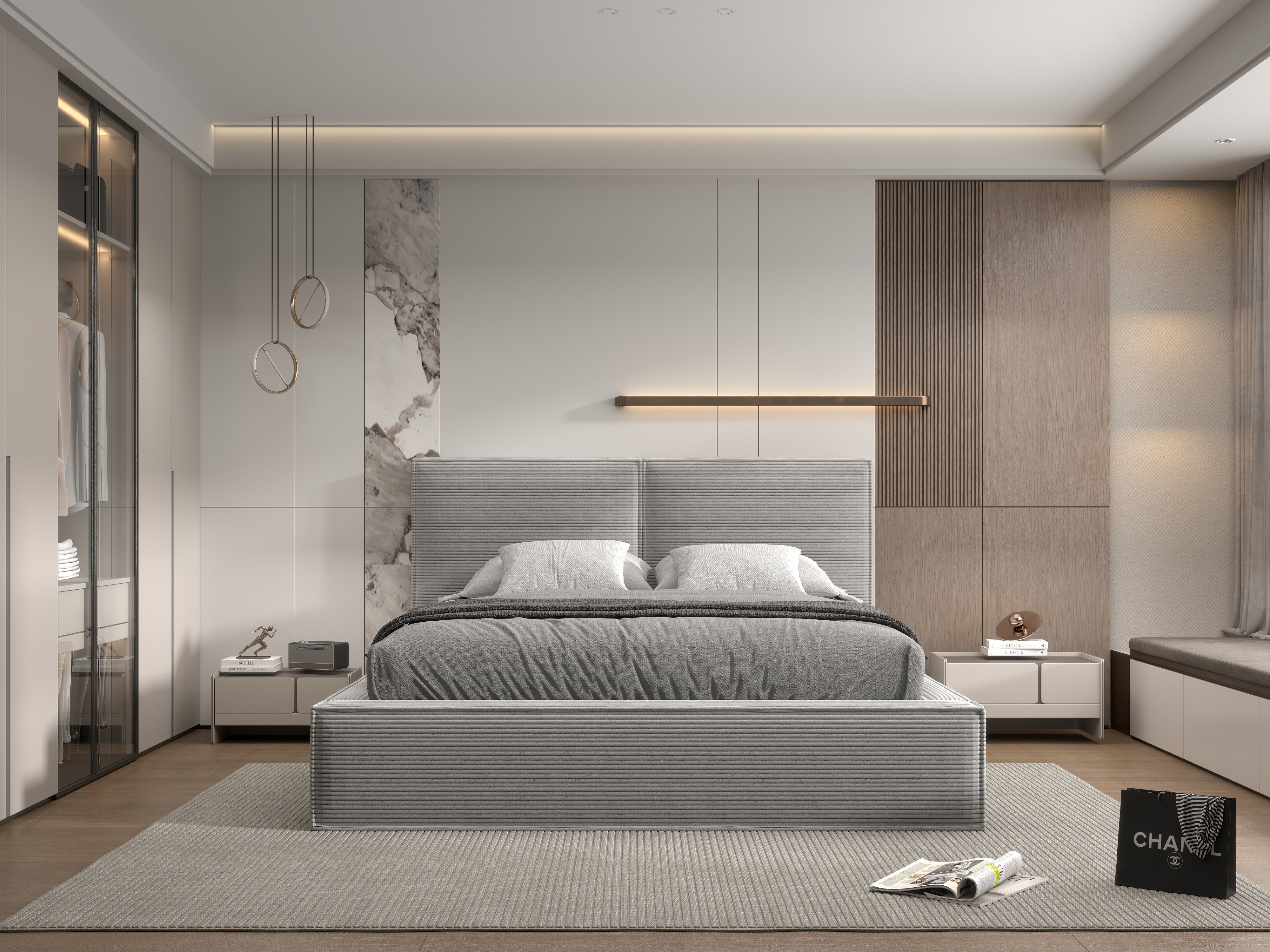 Pat dormitor dumonde, tapitat gri, Dreamer 180x200 cm, somiera rabatabila inclusa, spatiu depozitare WLS