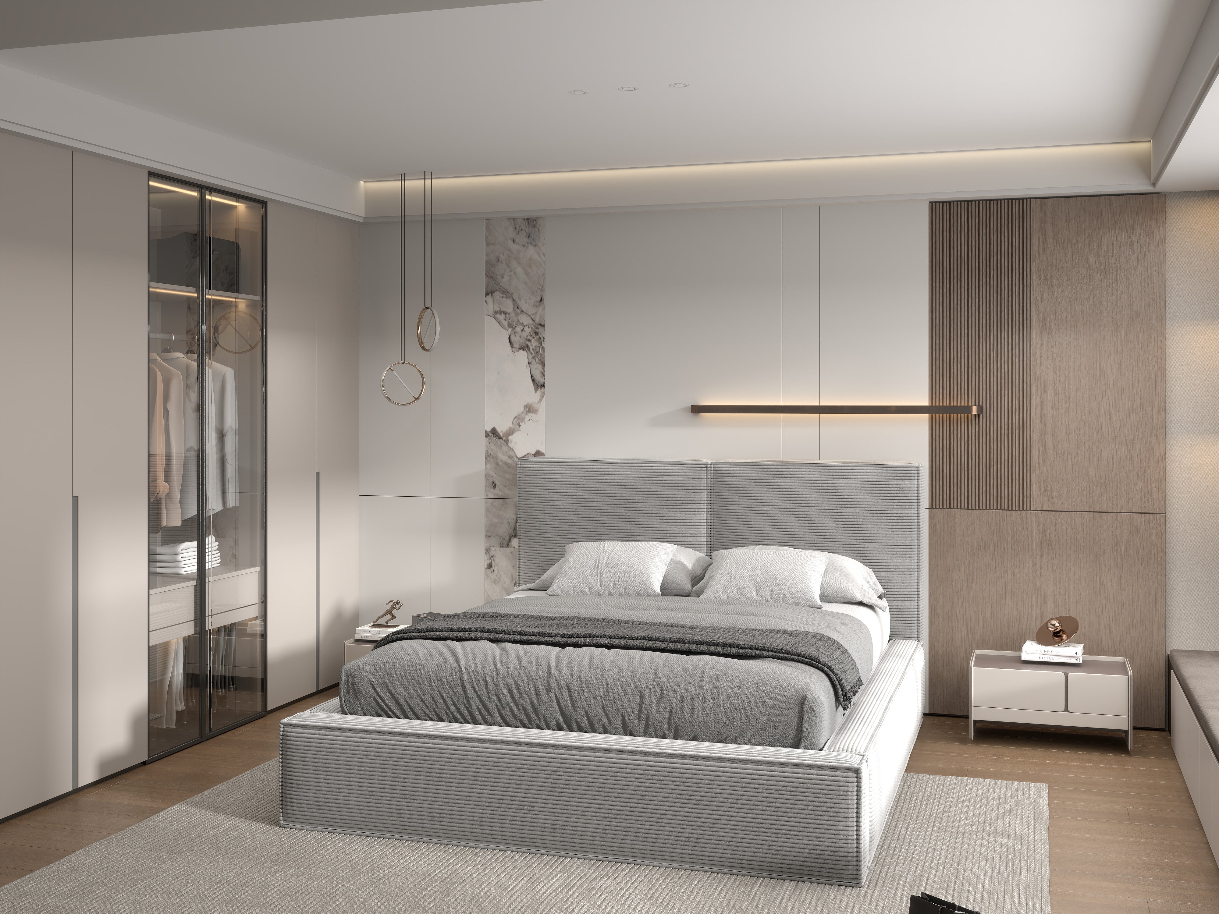 Pat dormitor dumonde, tapitat gri, Dreamer 180x200 cm, somiera rabatabila inclusa, spatiu depozitare WLS