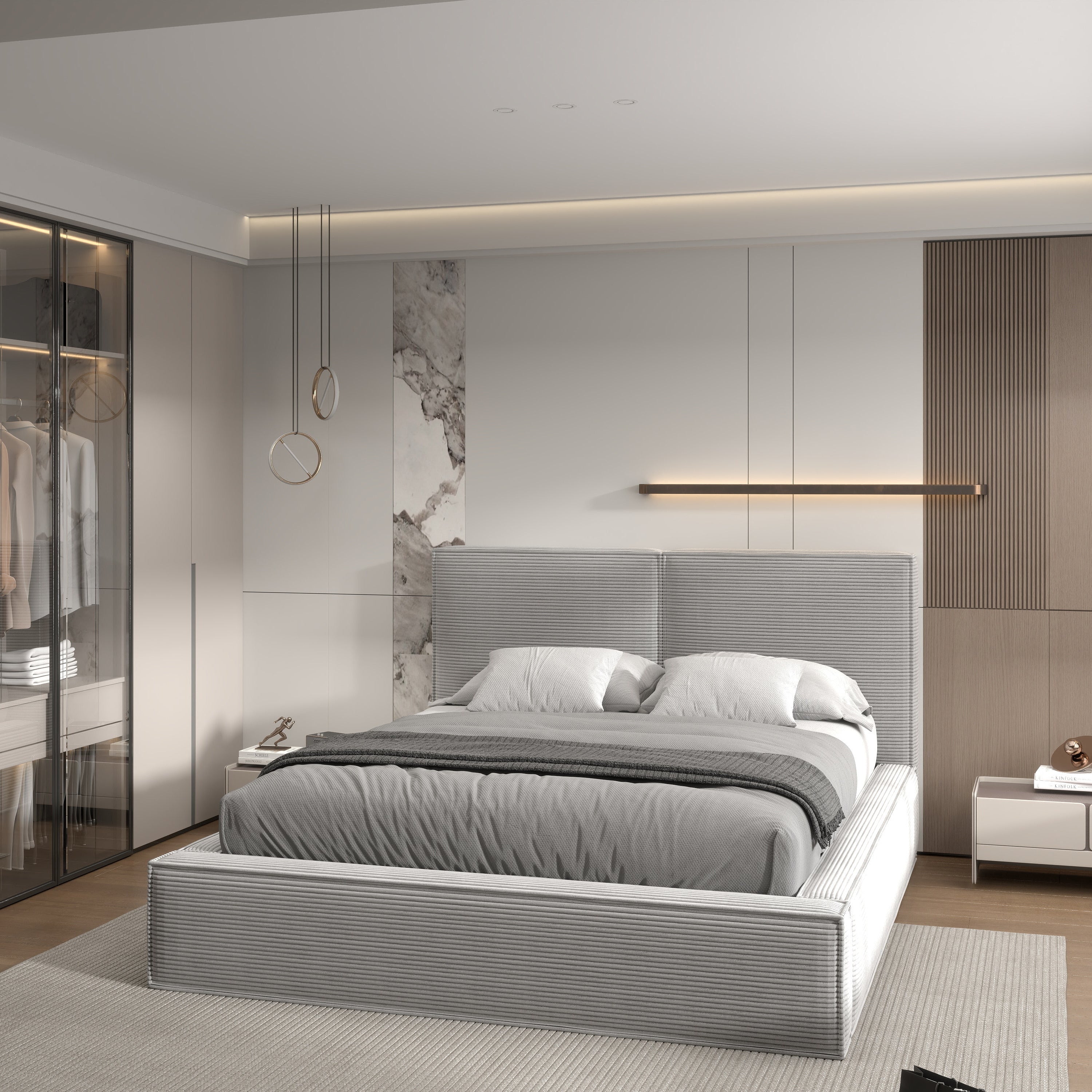 Pat dormitor dumonde, tapitat gri, Dreamer 180x200 cm, somiera rabatabila inclusa, spatiu depozitare WLS