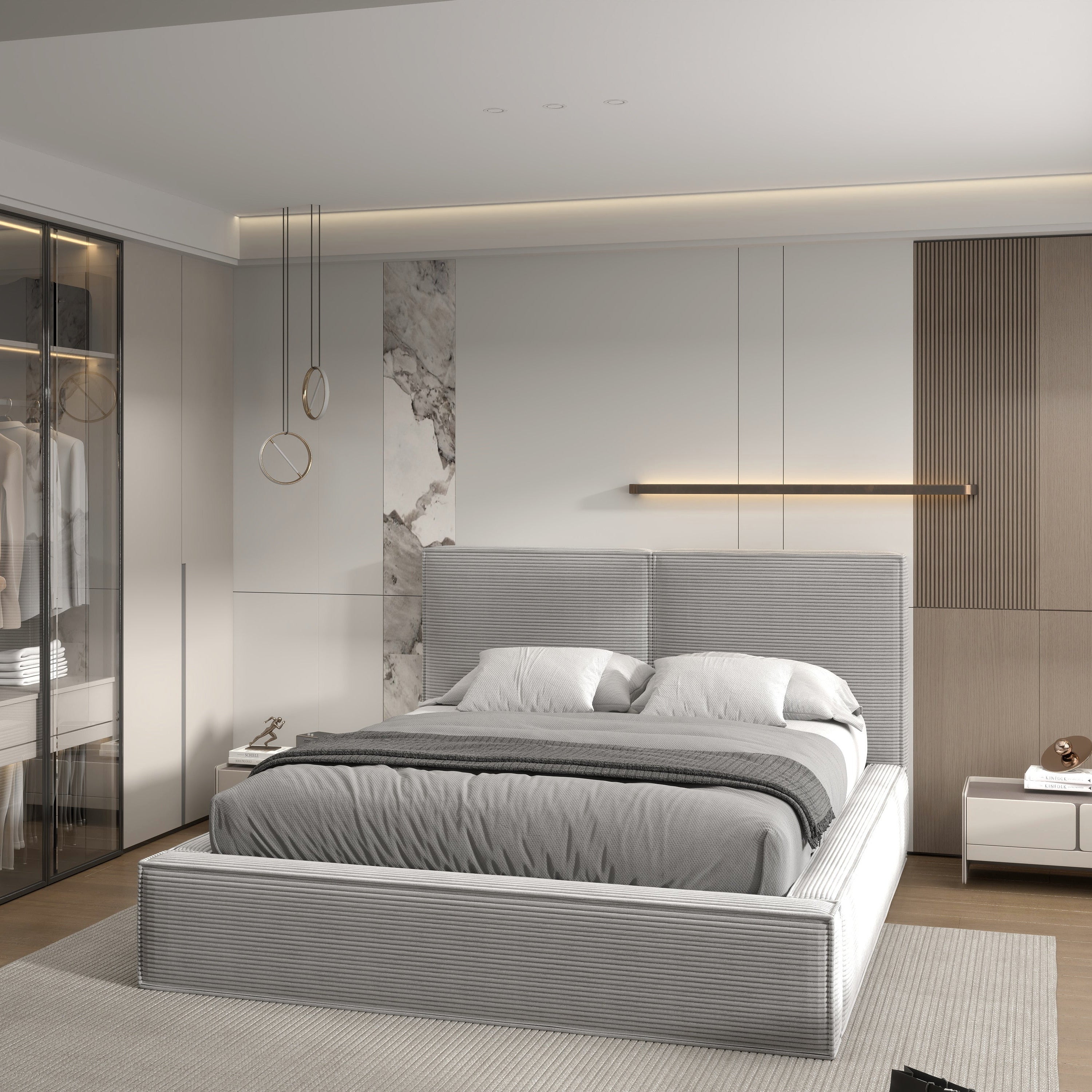 Pat dormitor dumonde, tapitat gri, Dreamer 180x200 cm, somiera rabatabila inclusa, spatiu depozitare WLS