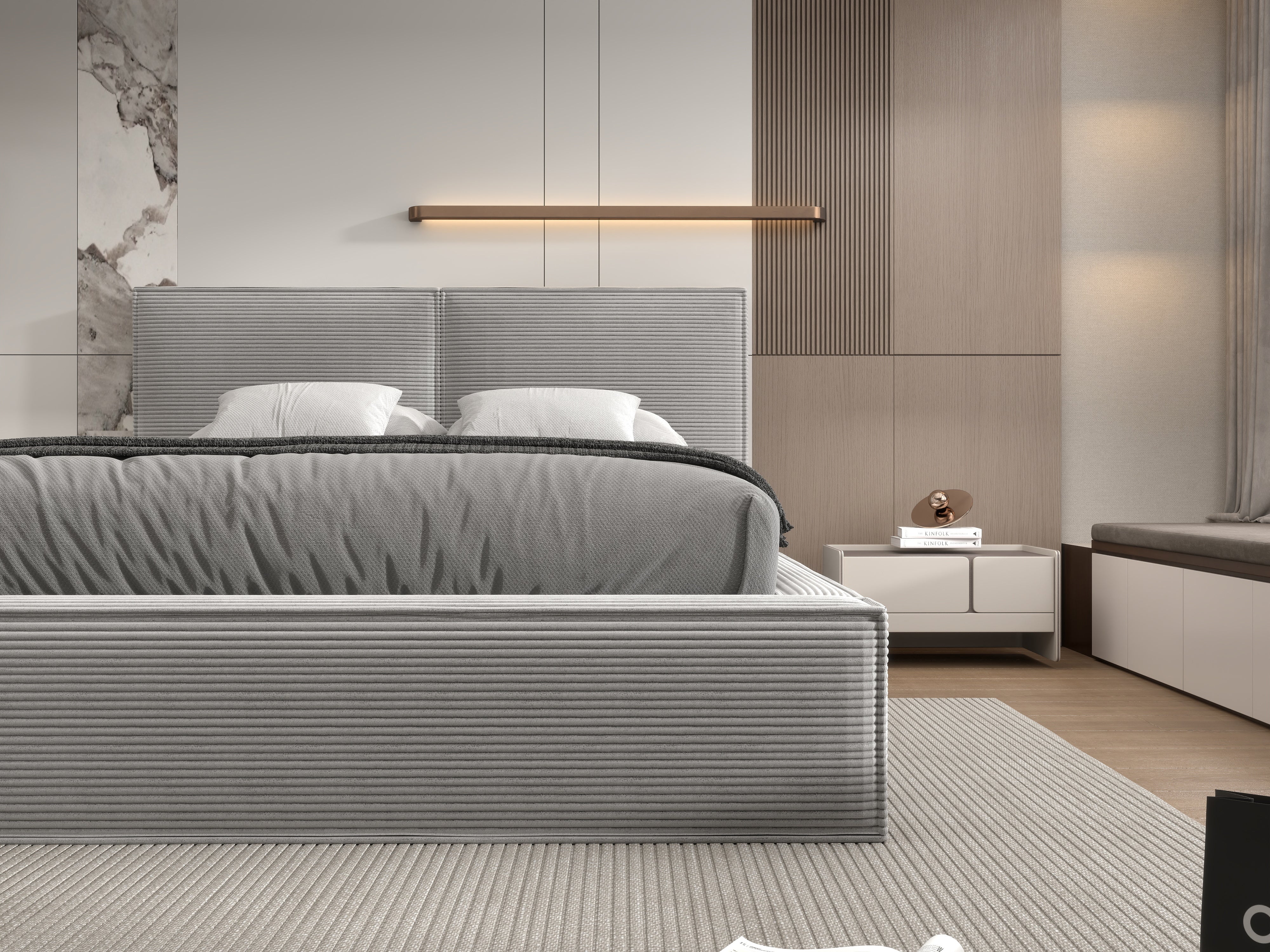 Pat dormitor dumonde, tapitat gri, Dreamer 180x200 cm, somiera rabatabila inclusa, spatiu depozitare WLS