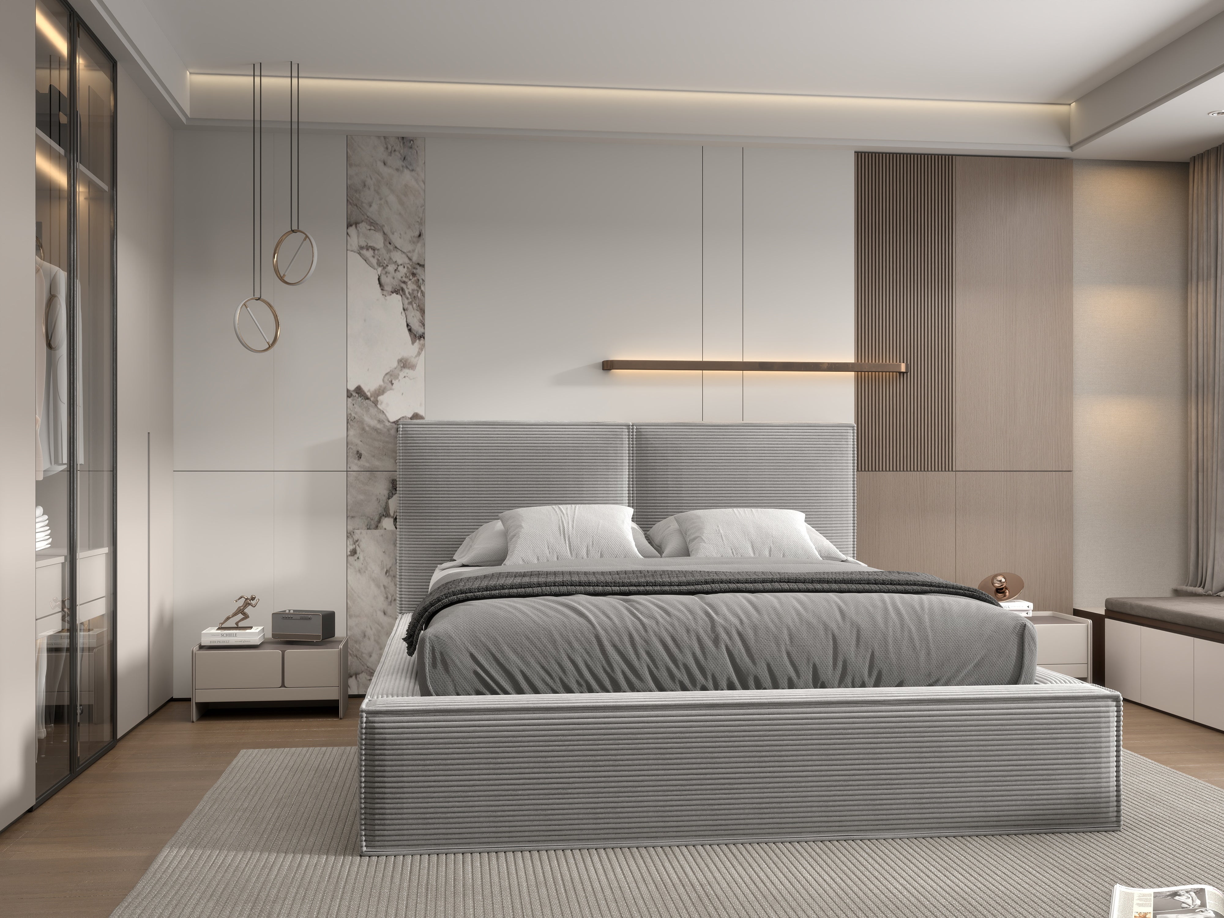 Pat dormitor dumonde, tapitat gri, Dreamer 180x200 cm, somiera rabatabila inclusa, spatiu depozitare WLS