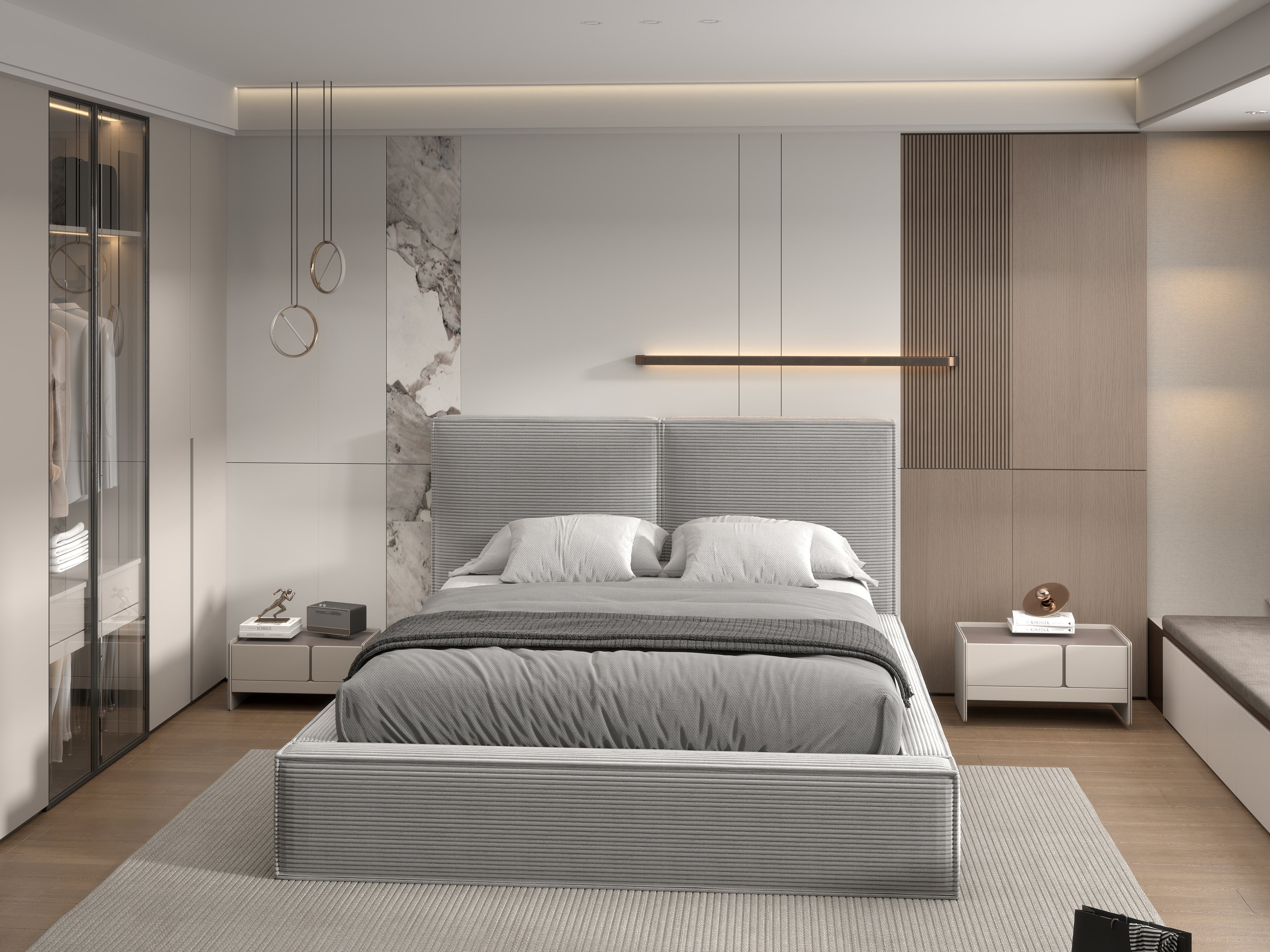 Pat dormitor dumonde, tapitat gri, Dreamer 180x200 cm, somiera rabatabila inclusa, spatiu depozitare WLS