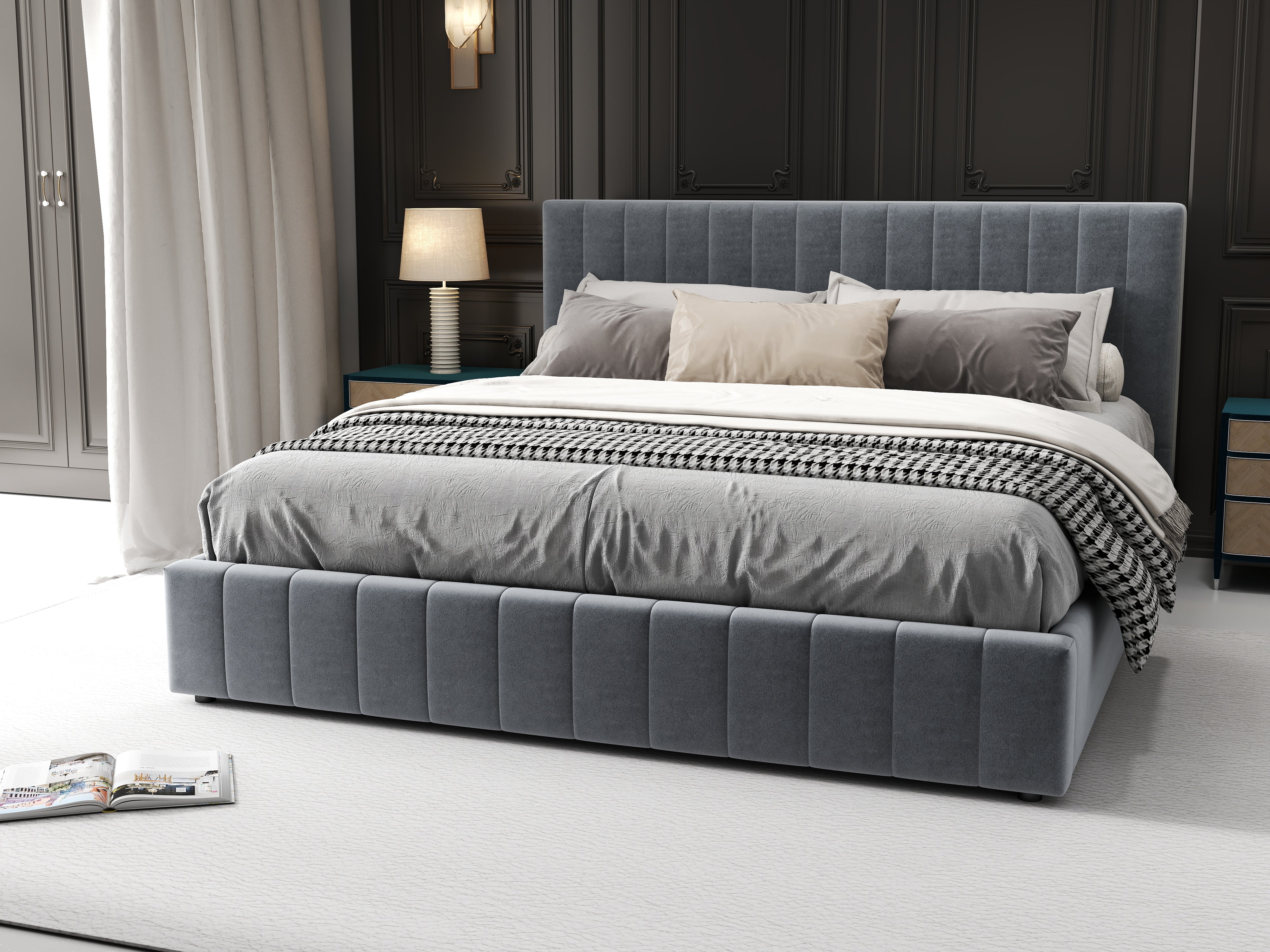 Pat dormitor dumonde, tapitat gri, Gloria 180x200 cm, somiera rabatabila inclusa, spatiu depozitare WLS