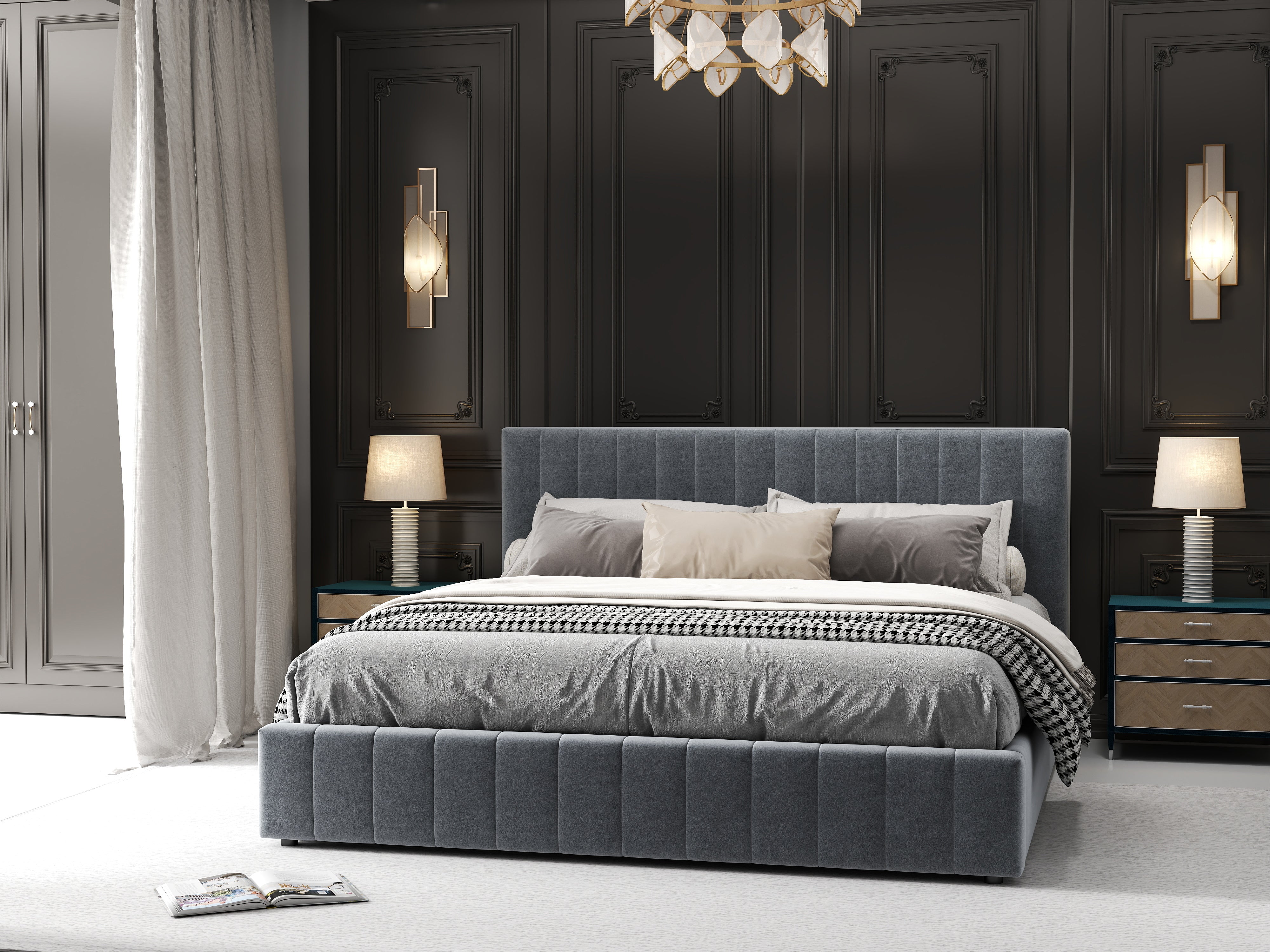 Pat dormitor dumonde, tapitat gri, Gloria 180x200 cm, somiera rabatabila inclusa, spatiu depozitare WLS