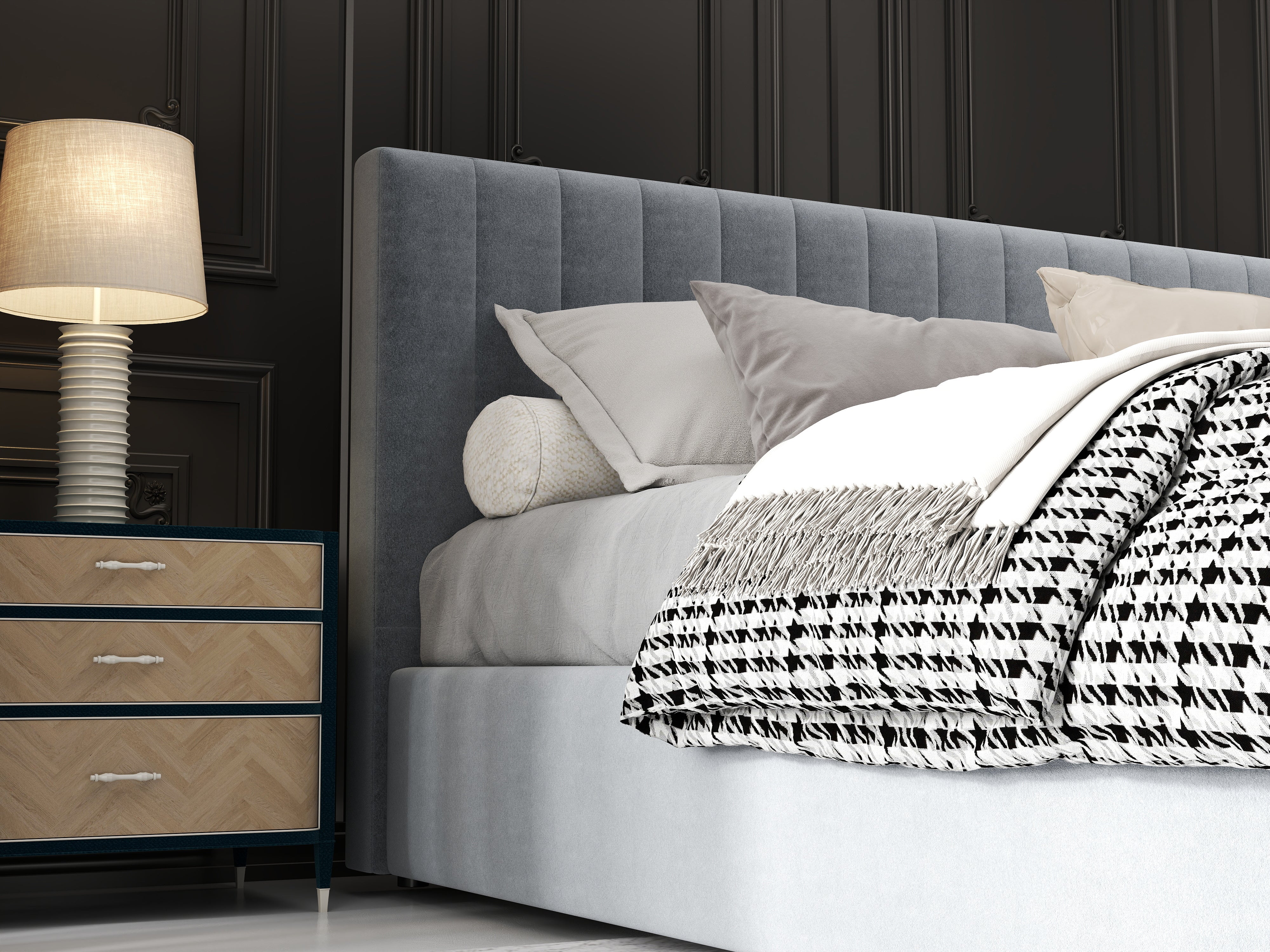 Pat dormitor dumonde, tapitat gri, Gloria 180x200 cm, somiera rabatabila inclusa, spatiu depozitare WLS