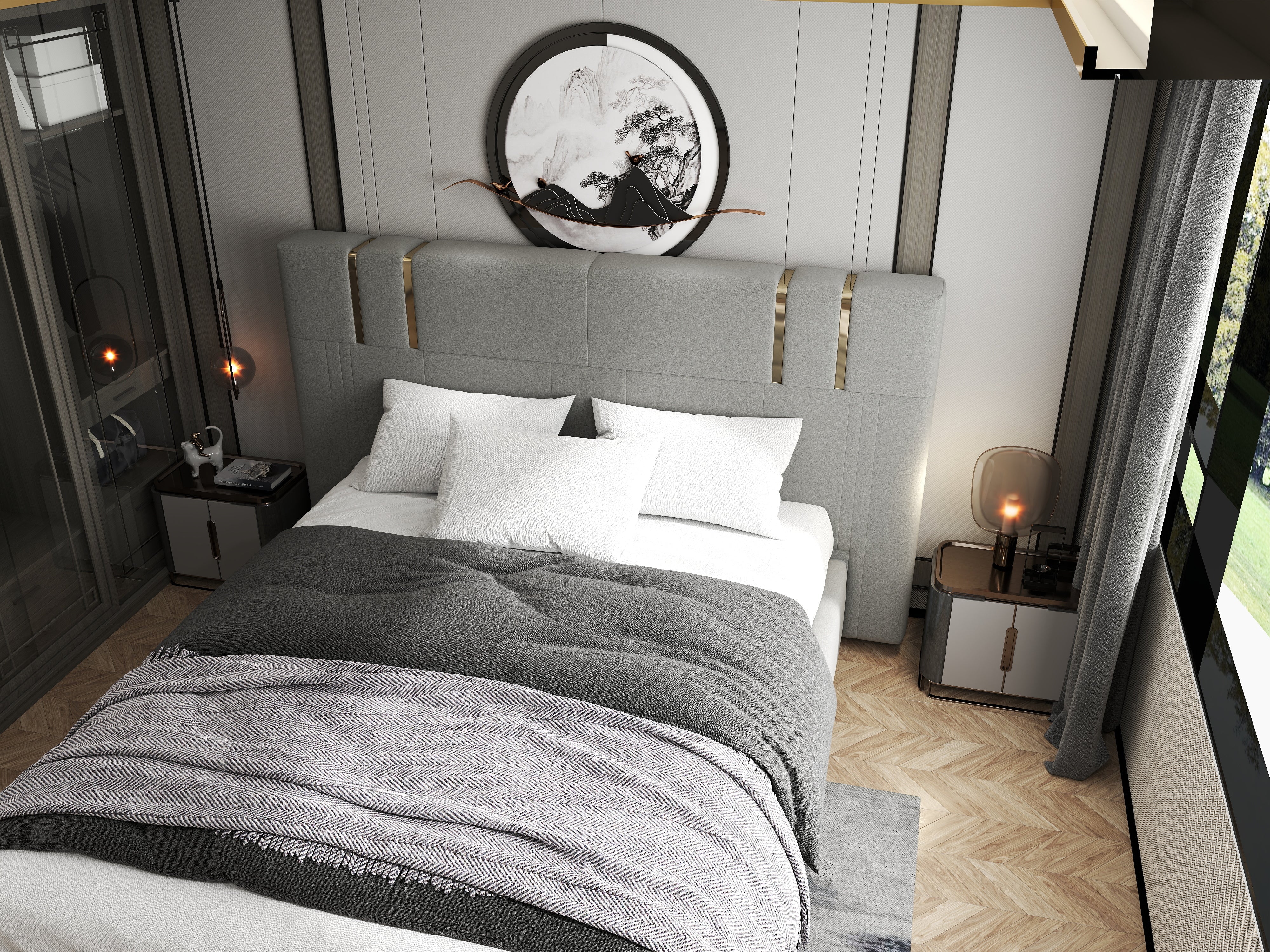 Pat dormitor dumonde, tapitat gri, Hamburg 180x200 cm, somiera rabatabila inclusa, spatiu depozitare WLS