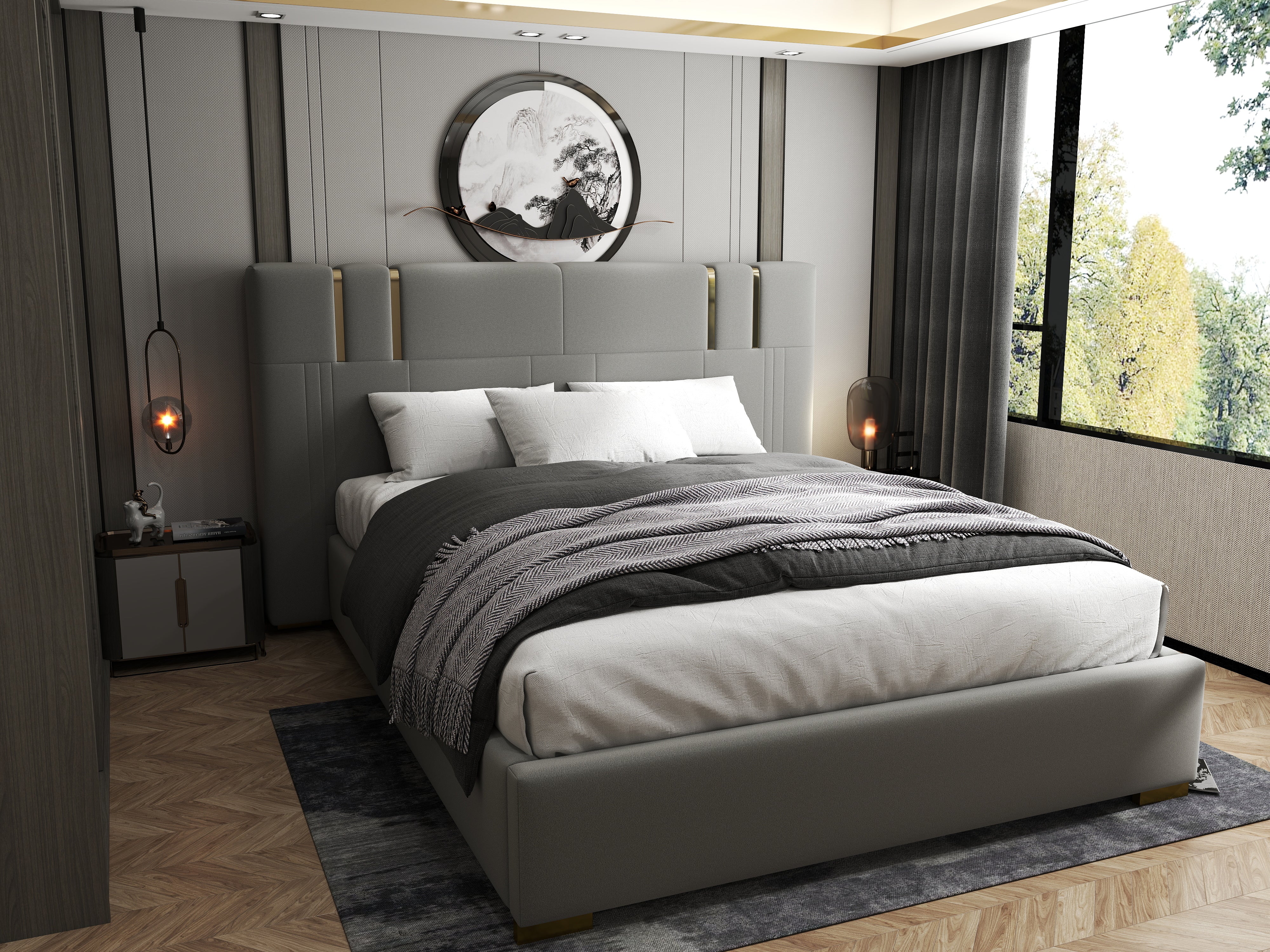 Pat dormitor dumonde, tapitat gri, Hamburg 180x200 cm, somiera rabatabila inclusa, spatiu depozitare WLS