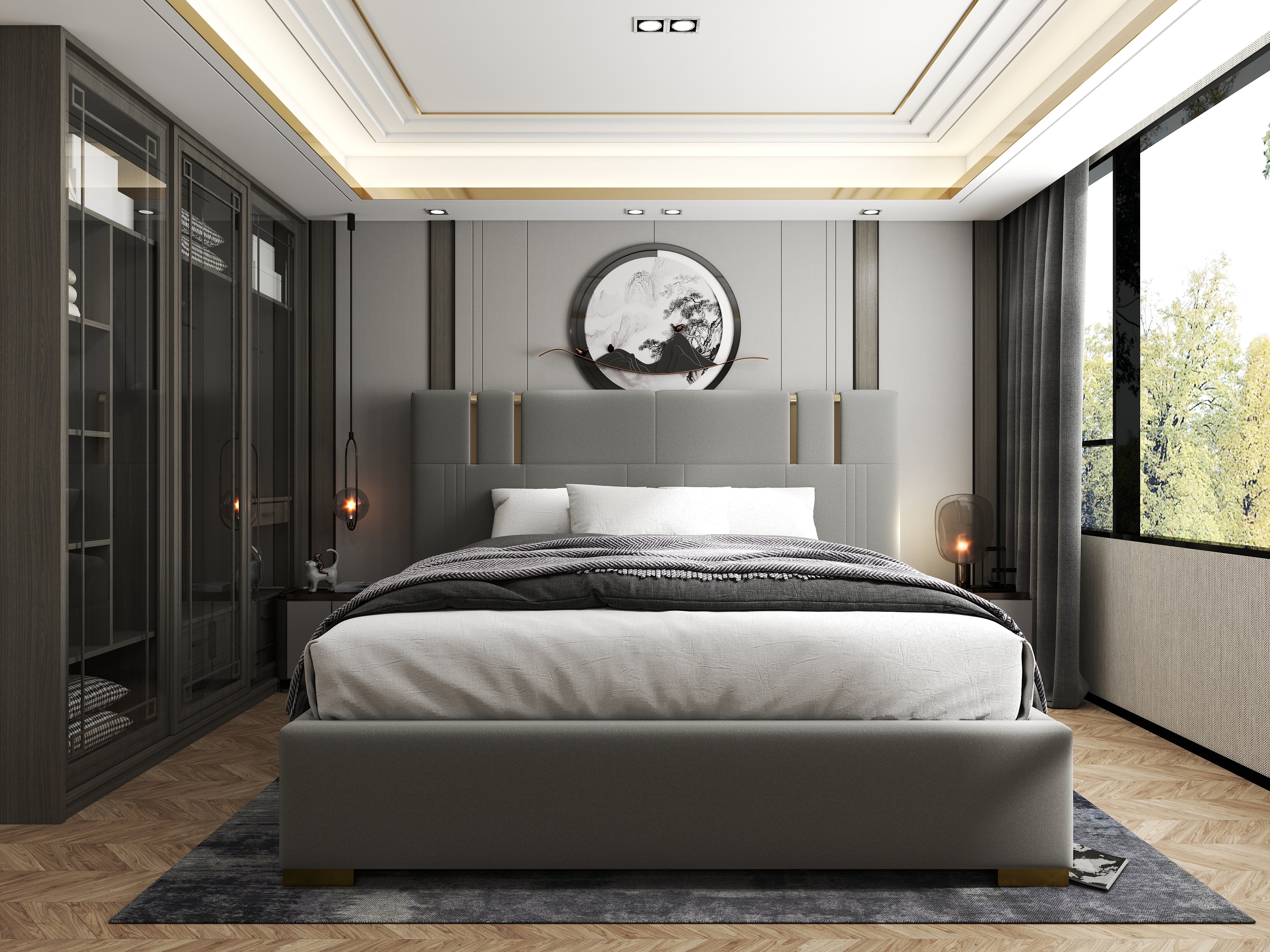 Pat dormitor dumonde, tapitat gri, Hamburg 180x200 cm, somiera rabatabila inclusa, spatiu depozitare WLS