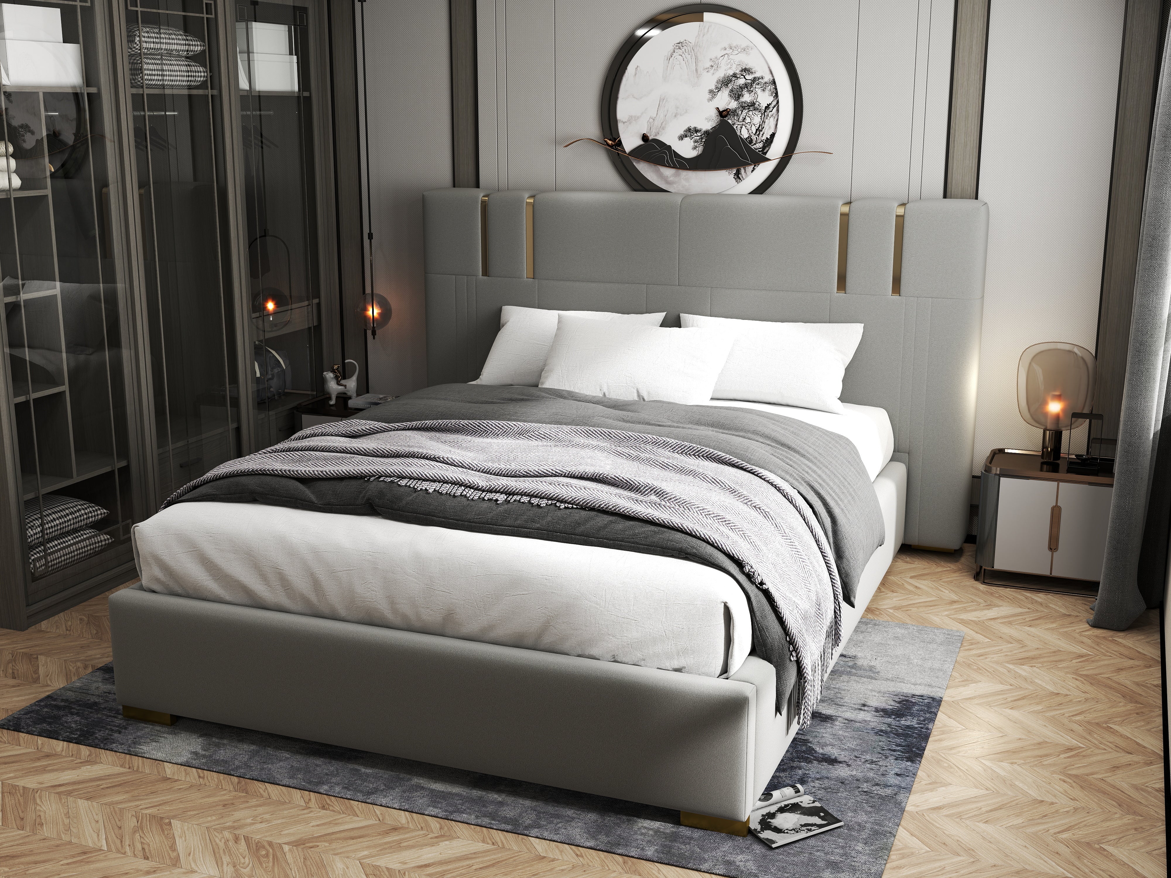 Pat dormitor dumonde, tapitat gri, Hamburg 180x200 cm, somiera rabatabila inclusa, spatiu depozitare WLS